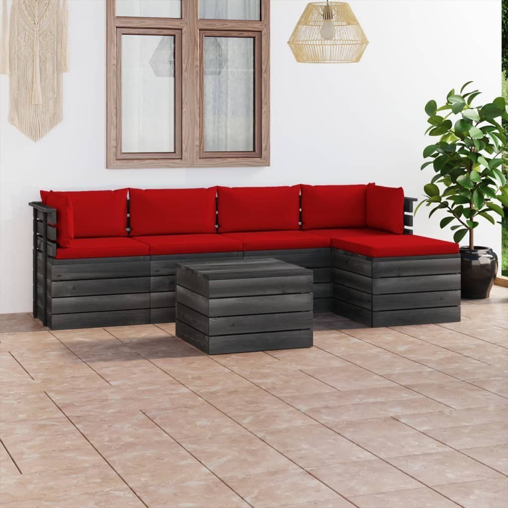 vidaXL Gartenlounge-Set 6-tlg. Garten-Sofagarnitur aus Paletten mit Kissen Kiefernholz, (6-tlg) Rot