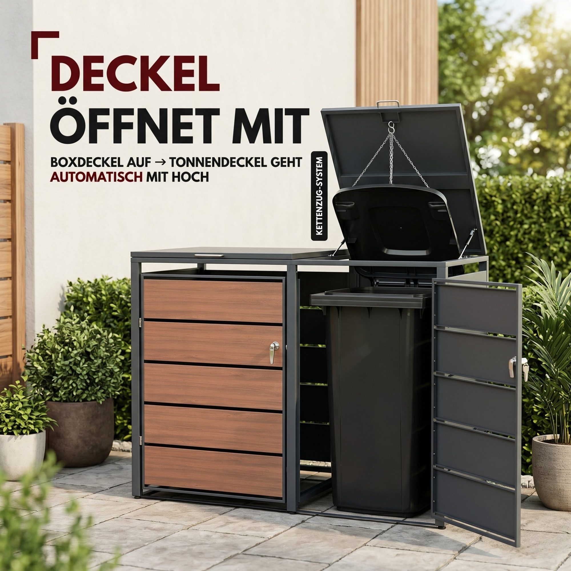 Albatros International Mülltonnenbox Mülltonnenbox 2er Holzdekor, 120L bis 240L, für Zwei Tonnen