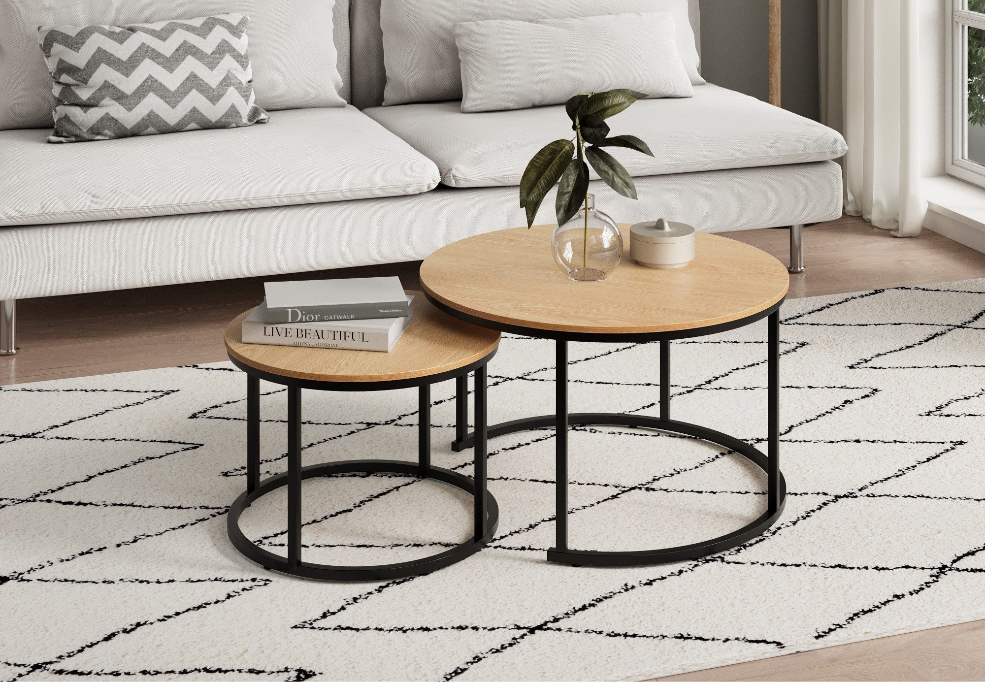 Home Collective Couchtisch 2er Set Beistelltisch Wohnzimmertisch modern rund und quadratisch (ideal als Büro Ablagetisch oder als Wohnzimmer Deko, Rund Set 2 in 1), hochwertiges Design mit Metallgestell, stabile Tischplatte, eiche hell