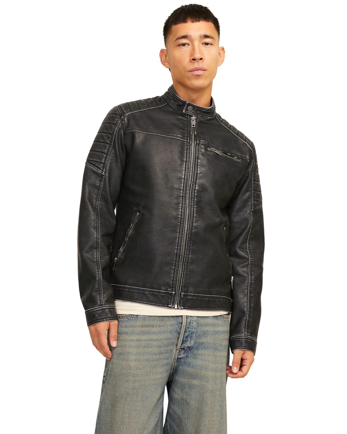 Jack & Jones Lederjacke stilvolle Bikerjacke aus Kunstleder Zeitlose Kunstlederjacke für die Übergangsjahreszeit