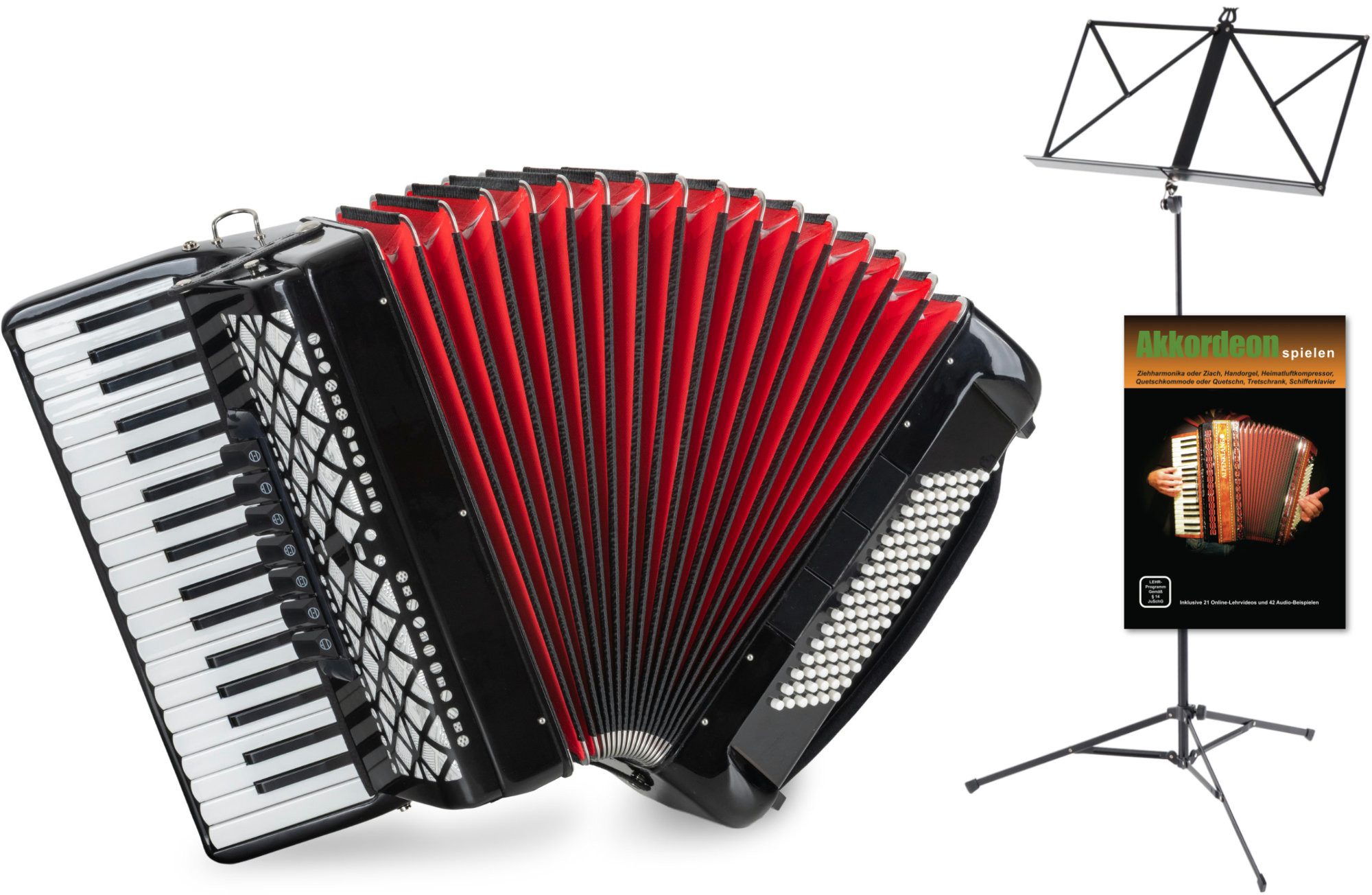 Classic Cantabile Knopf-Akkordeon 96 Bass Akkordeon "Secondo V" Set - Ideales Schülerinstrument (Komplett-Set inkl. Tasche mit Gurt, Akkordeon-Schule und Notenständer, Inkl. Tasche und Tragegurte), mit Riemen & Rucksack-Tasche