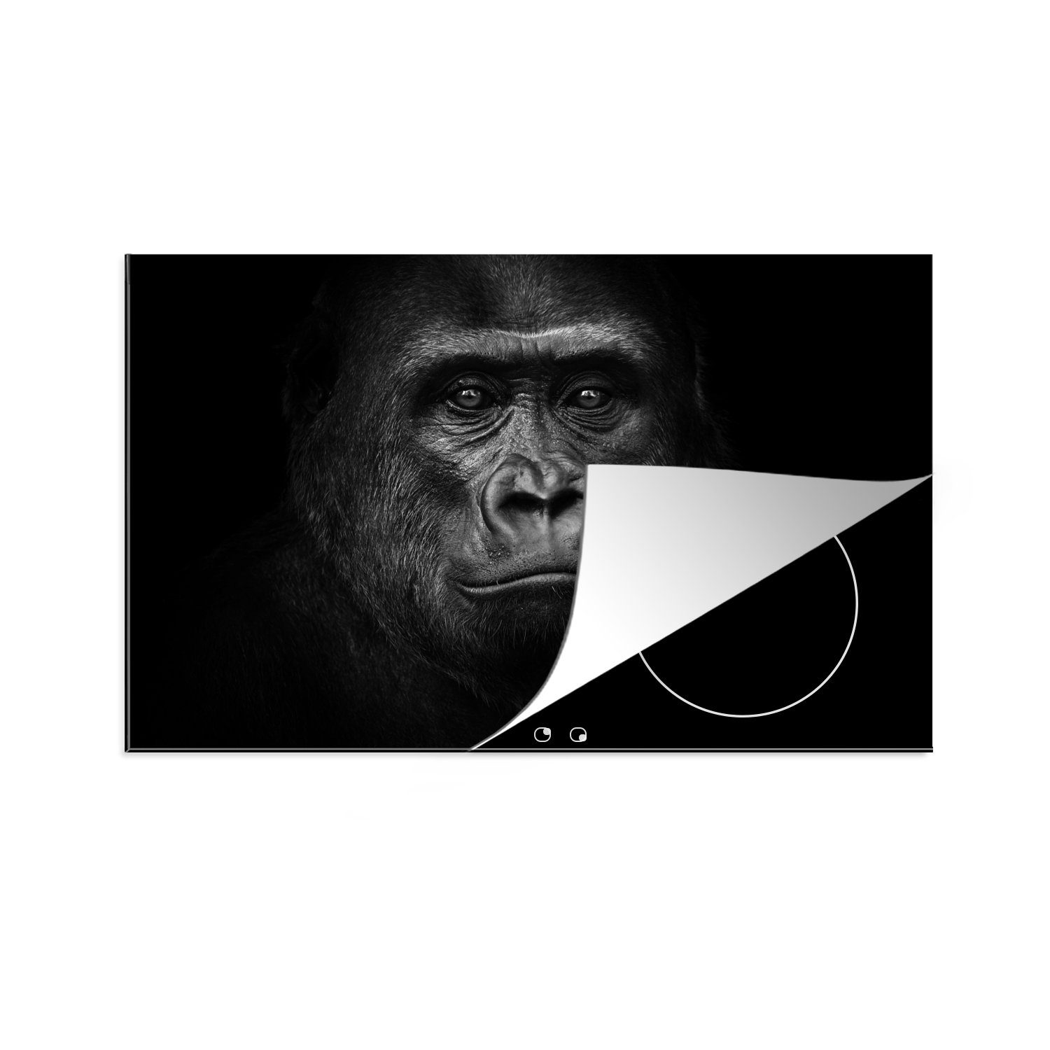 MuchoWow Herdblende-/Abdeckplatte Gorilla - Schwarz - Weiß - Tiere - Porträt, Vinyl, (1 tlg), 81x52 cm, Ceranfeldabdeckung, Arbeitsplatte für küche