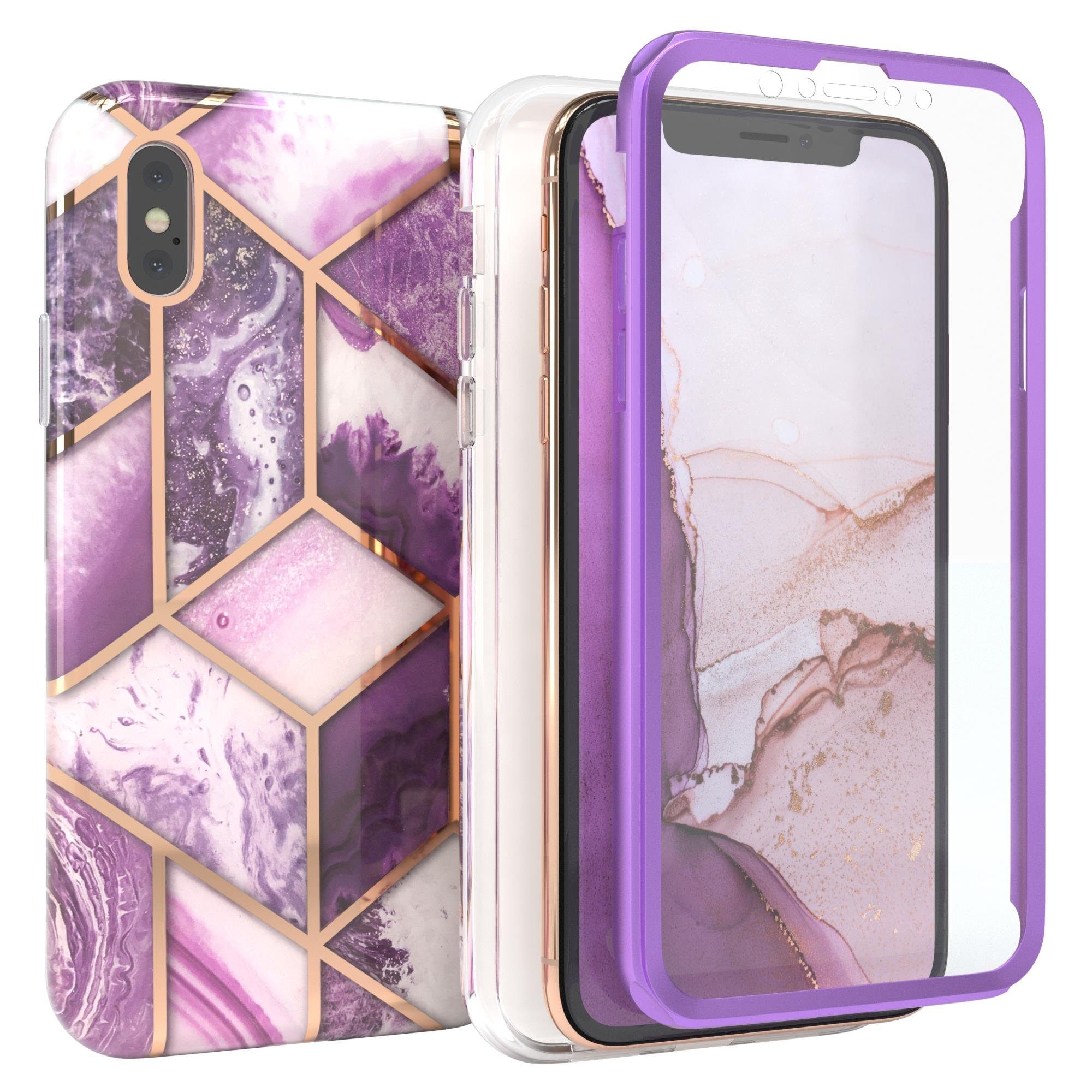 EAZY CASE Handyhülle IMD Fullcover Case für Apple iPhone X / iPhone XS 5,8 Zoll, Marmor Backcover Etui Rückseite kratzfest stoßfest 360 Grad Hülle Lila