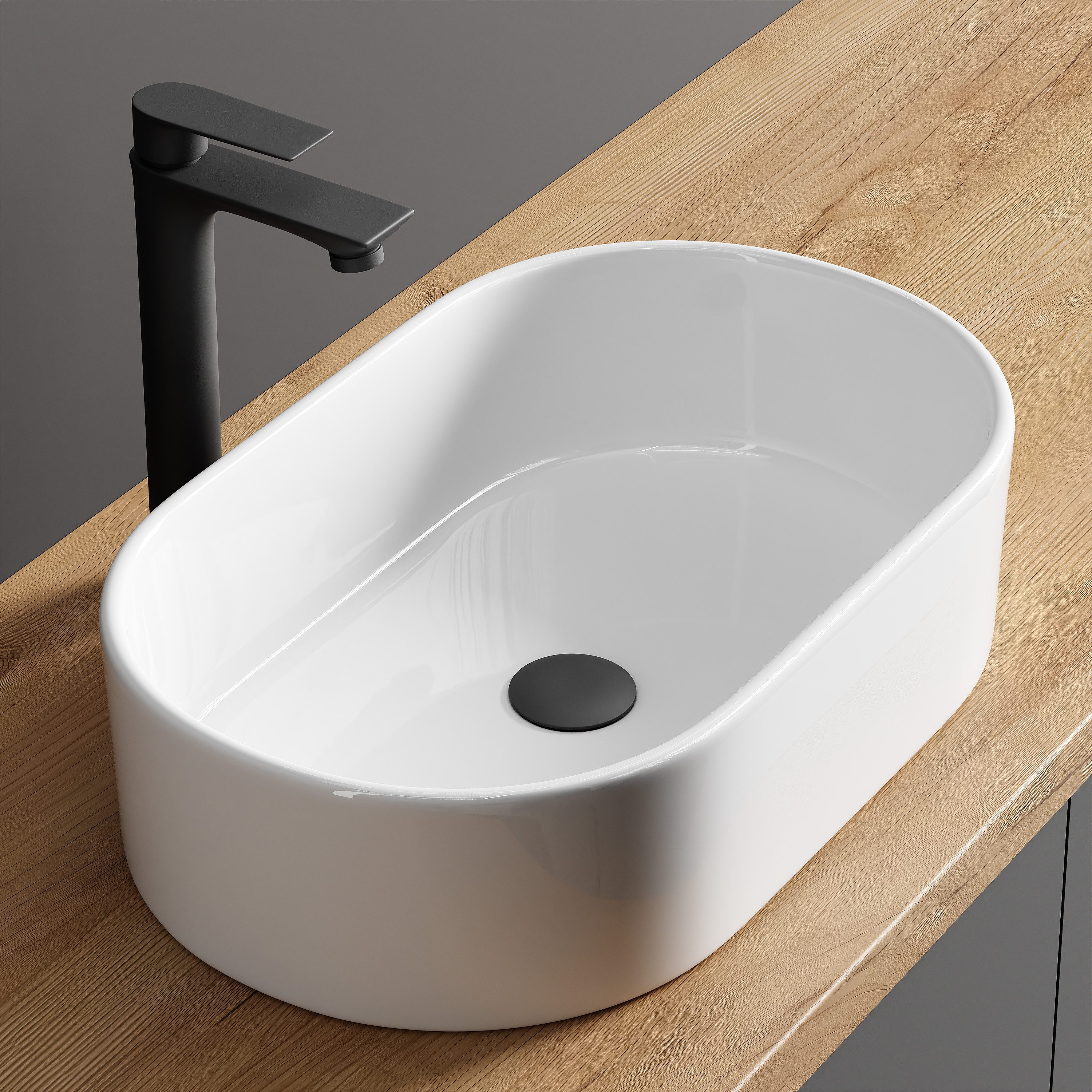 Planetmöbel Aufsatzwaschbecken Aquil Elegant Badezimmer Waschbecken 55 cm oval für Waschtisch (Keramik Aufsatzwaschbecken für Bad, Gäste WC, 1-St., Waschschale 55 x 34 x 14 cm ohne Hahnloch und Überlauf), für Waschtische oder Waschplätze