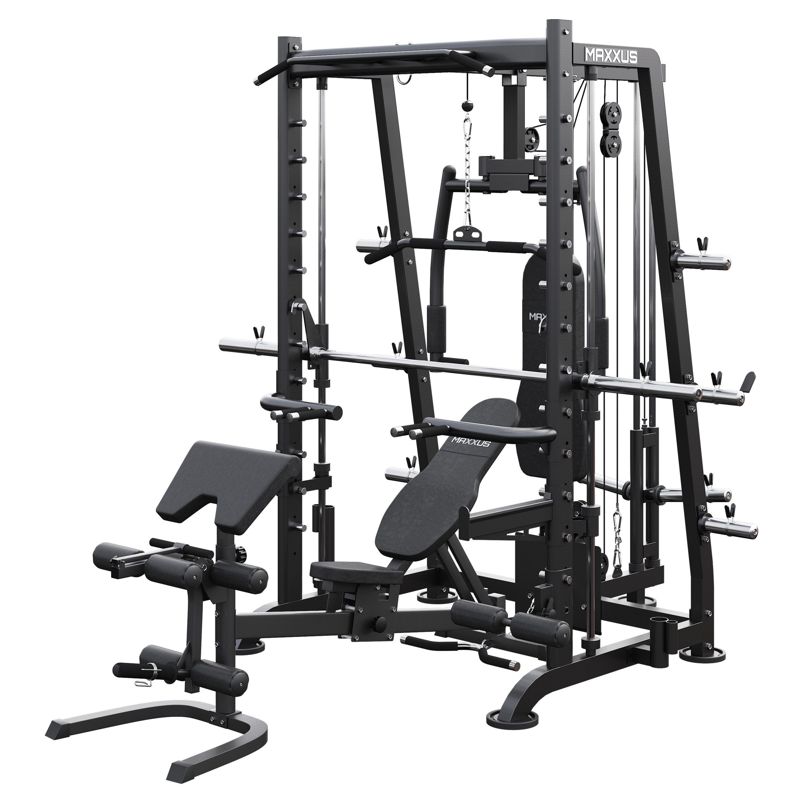 MAXXUS Multipresse 8.1 - Kraftstation, Power Rack, Cage, Smith Machine, mit Hantelbank, (1-tlg), Butterfly, Klimmzug, Dip-Station, Kabelzug, Latzug, Ruderzug, Beincurl