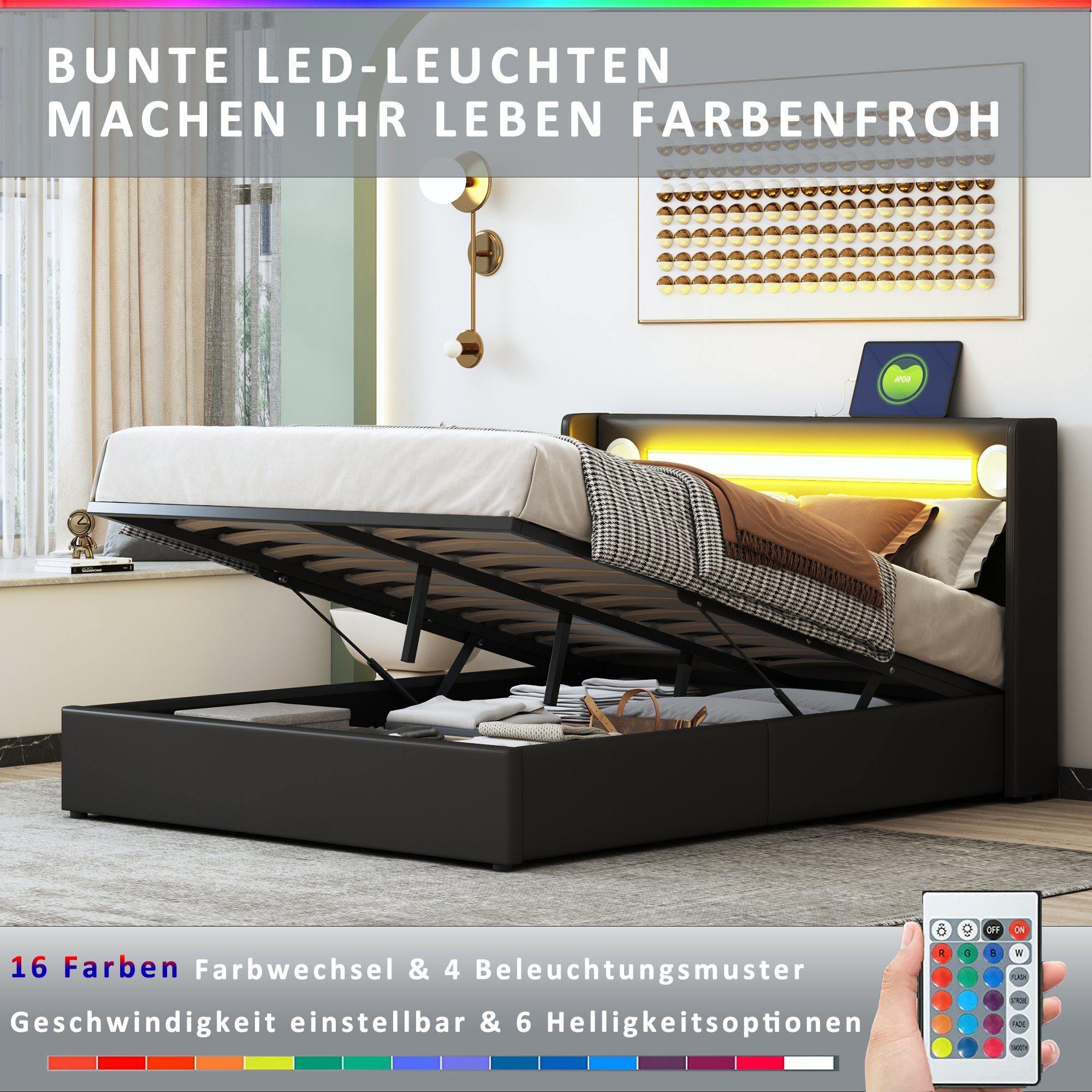 Polsterbett (Stauraumbett, Einzelbett), mit LED Beleuchtung/Bluetooth/USB-Aufladen, Kunstleder, 90x200cm