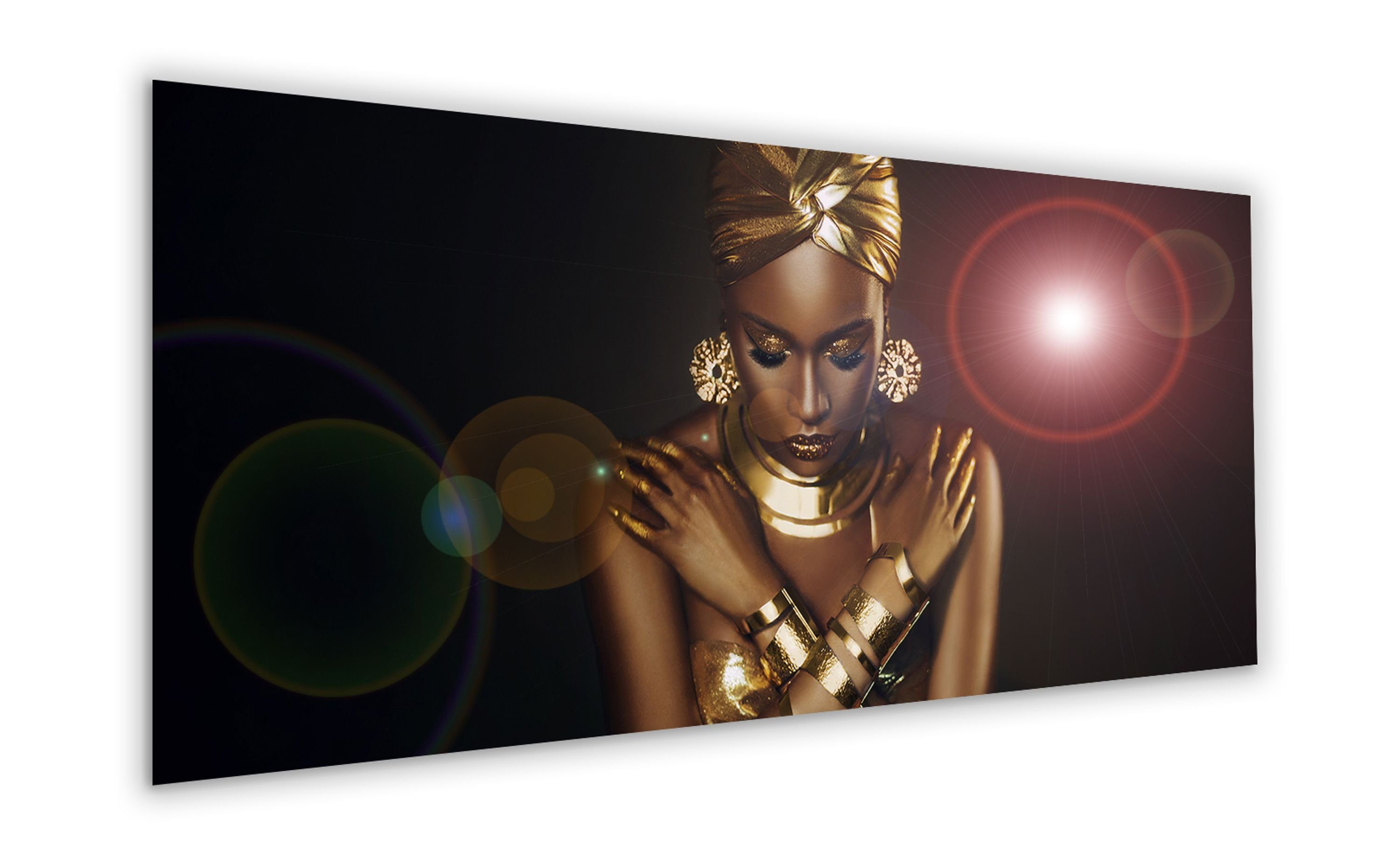 artissimo Glasbild Glasbild XXL 125x50 Wandbild aus groß Frau Frauen: Frau Afrikanische gold, schwarz & Bild Glas Fashion cm