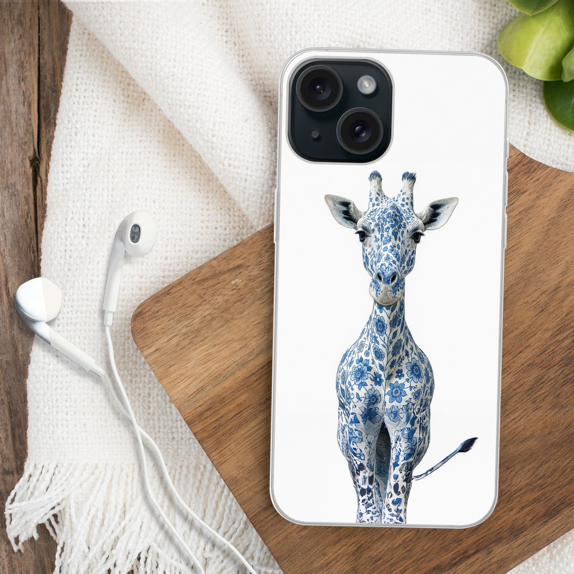 MuchoWow Handyhülle für Apple iPhone 15 Giraffe - Delfter Blau - Tiere - Minimalistisch, Smartphone-Bumper, Print, Handy Schutzhülle Dünn