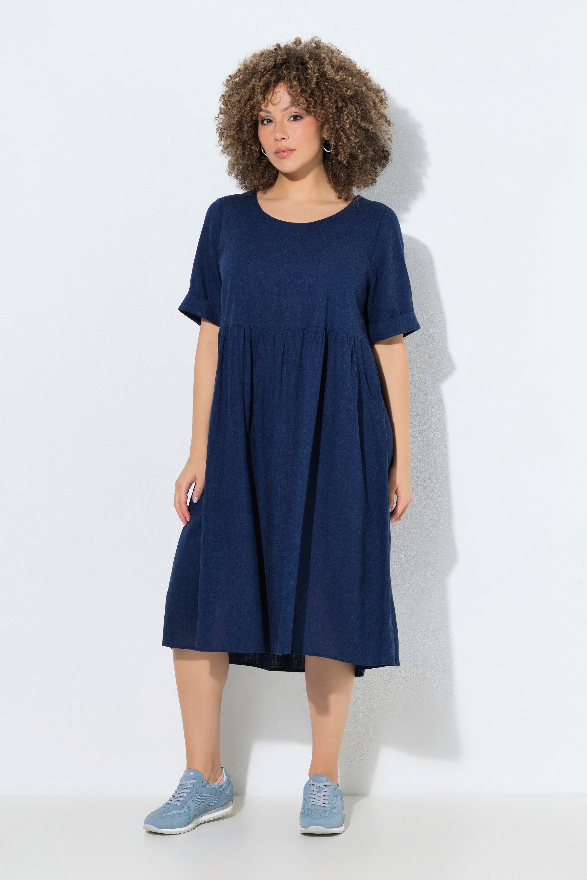 Ulla Popken Jerseykleid Kleid Leinenmix A-Linie Rundhals Halbarm