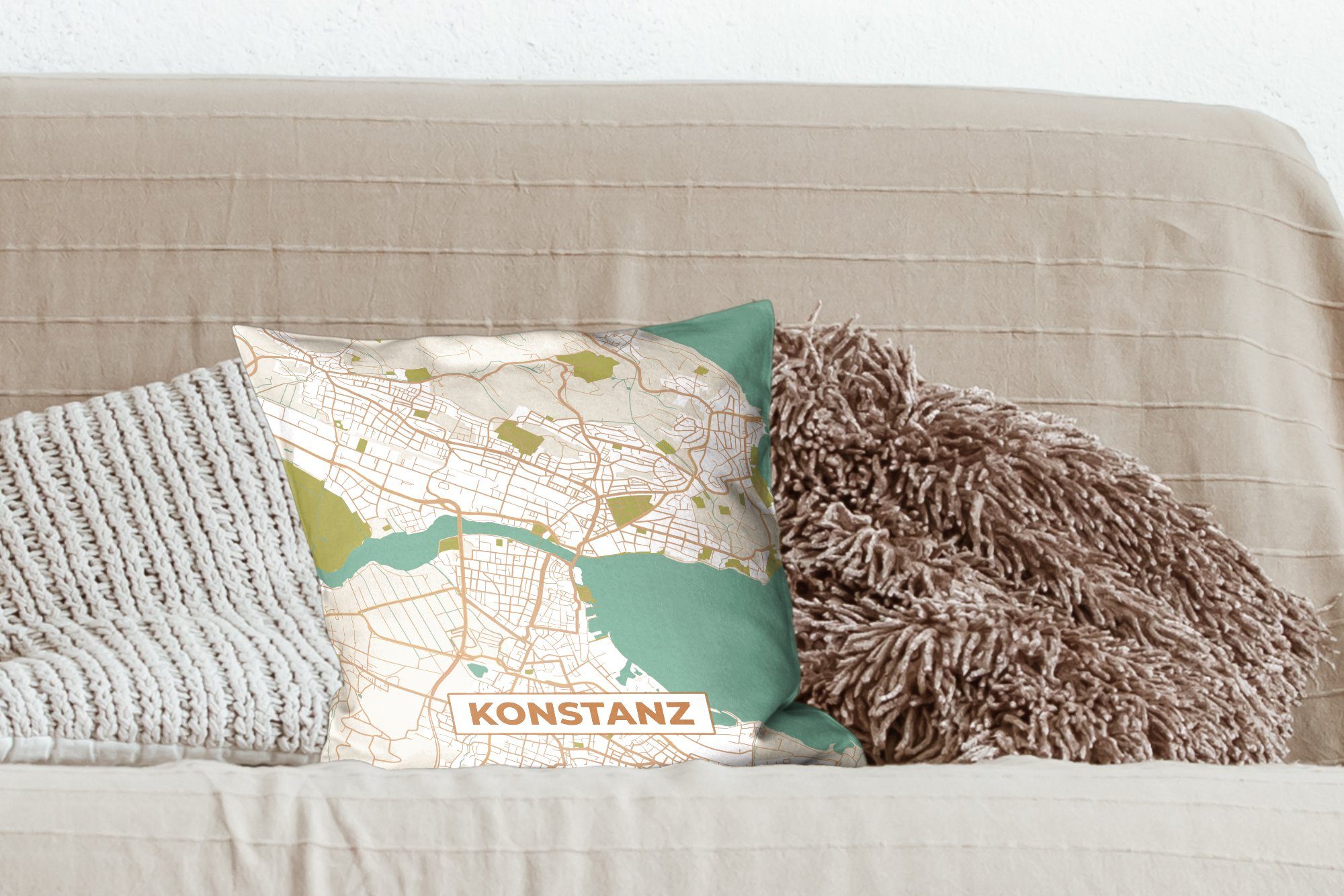 - Füllung Konstanz Sofakissen Stadtplan, Schlafzimmer, Dekokissen Karte Deko, - MuchoWow - Zierkissen für Vintage mit Wohzimmer,