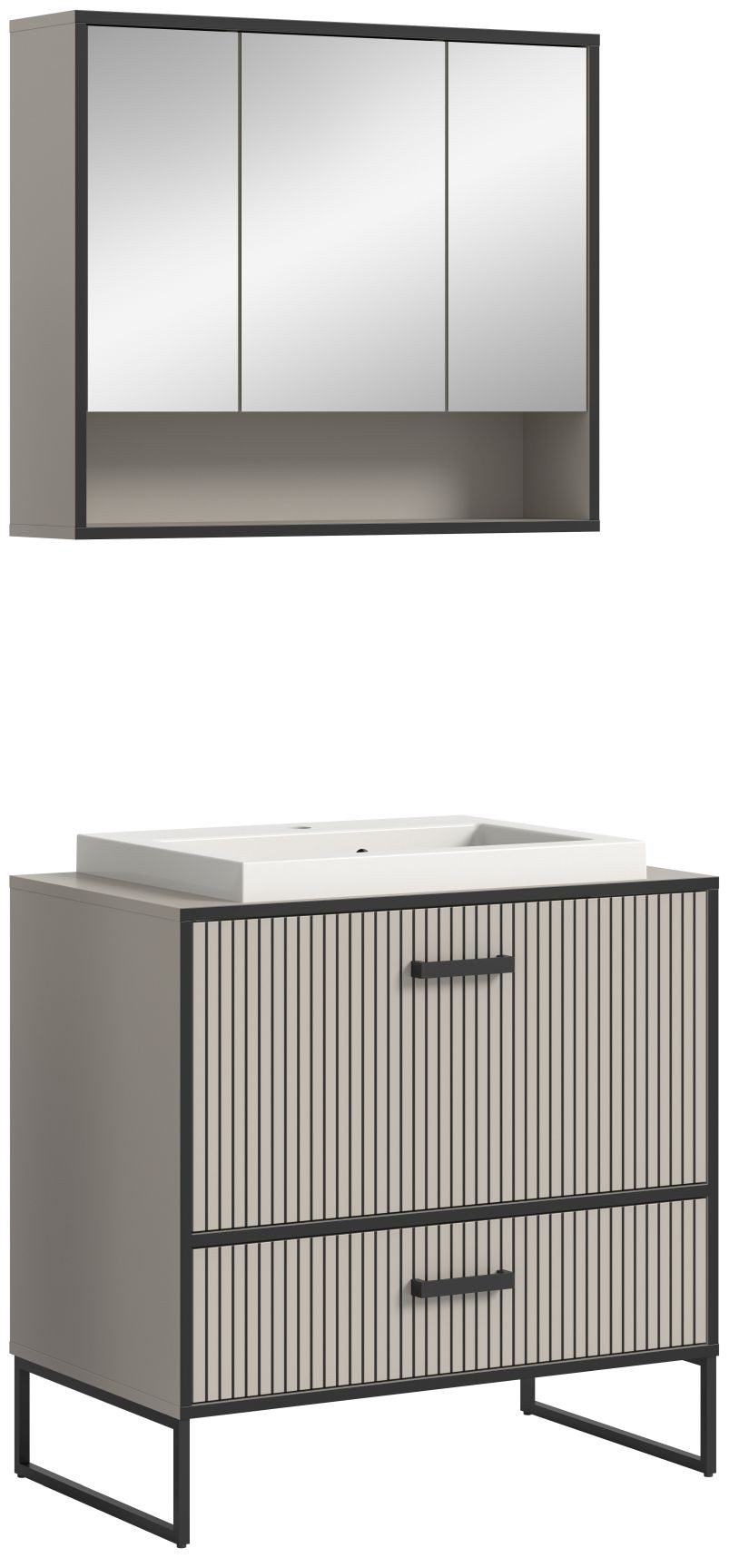 xonox.home Badmöbel-Set, (2tlg. Set bestehend aus Spiegelschrank, 1 Waschtisch inkl. Waschbecken), Kaschmir Nachbildung Softclose Melamin Modern 80x192x48 cm