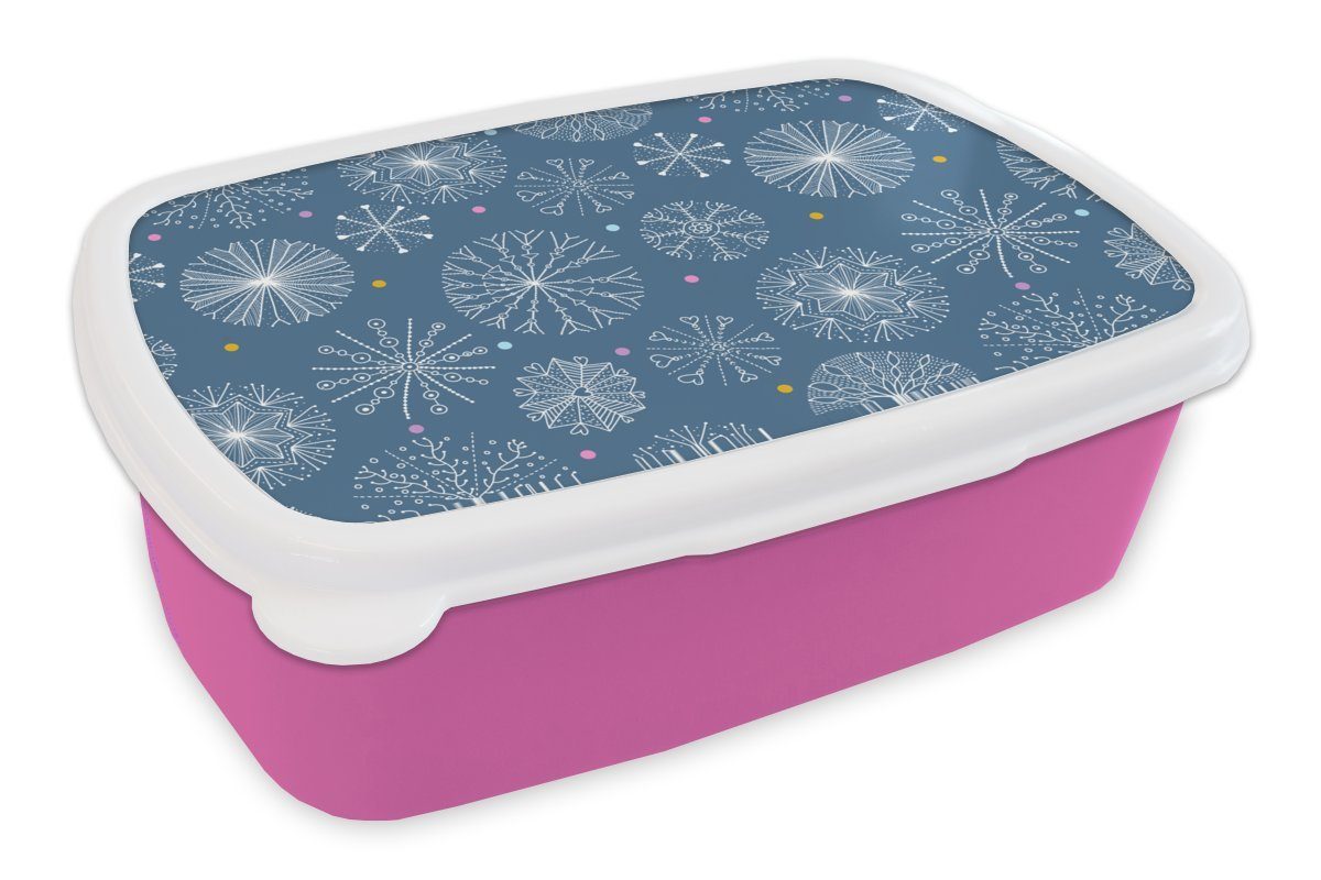 MuchoWow Lunchbox Schneeflocke - Muster - Winter, Kunststoff, (2-tlg), Brotbox für Erwachsene, Brotdose Kinder, Snackbox, Mädchen, Kunststoff rosa