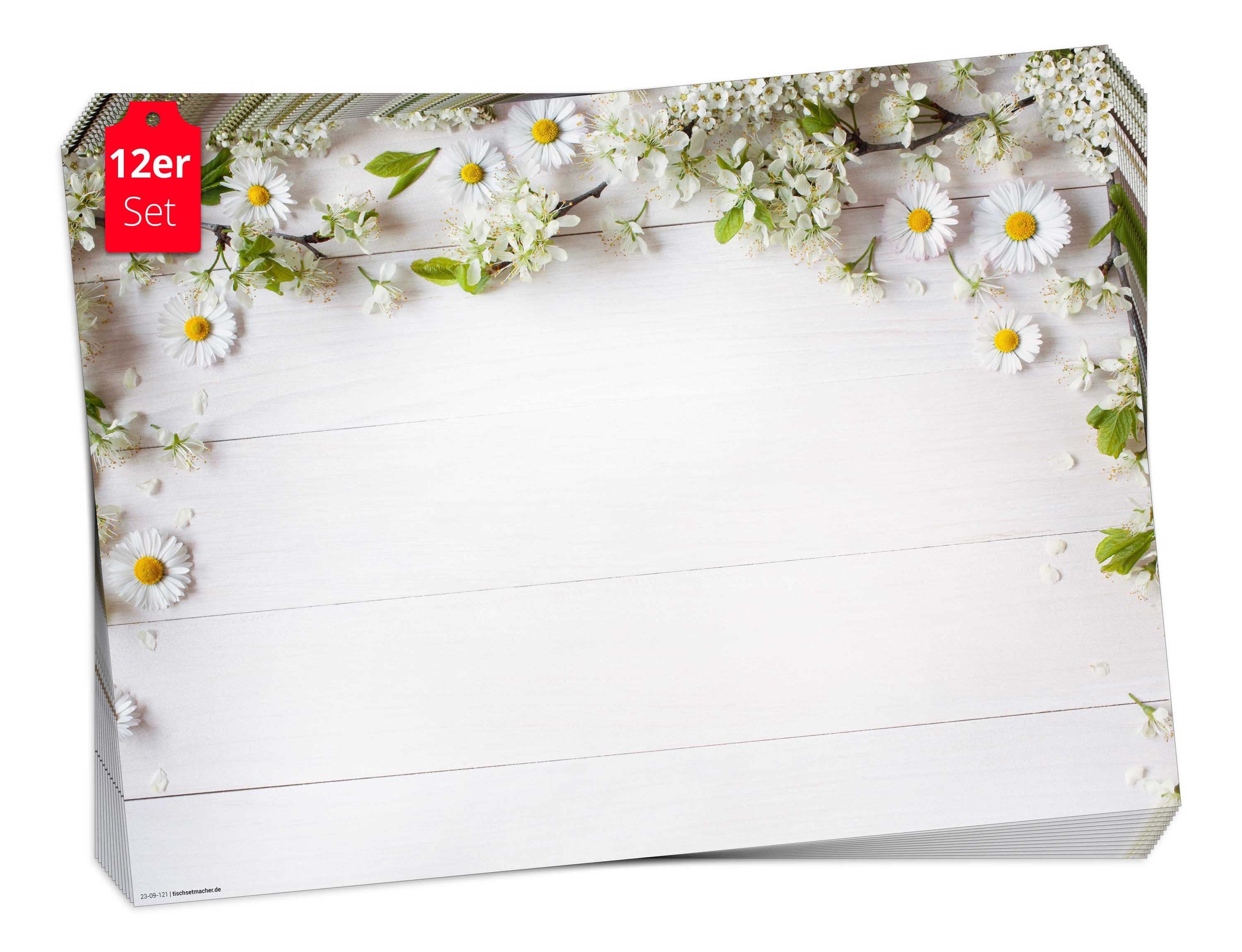 Tischsetmacher Platzset Tischset Frühling, Ostern & Blumen - Wiesenblüten auf weißem Holztisch, (aus Naturpapier in Aufbewahrungsmappe, 12-St., 44 x 32 cm / weiß), Made in Germany