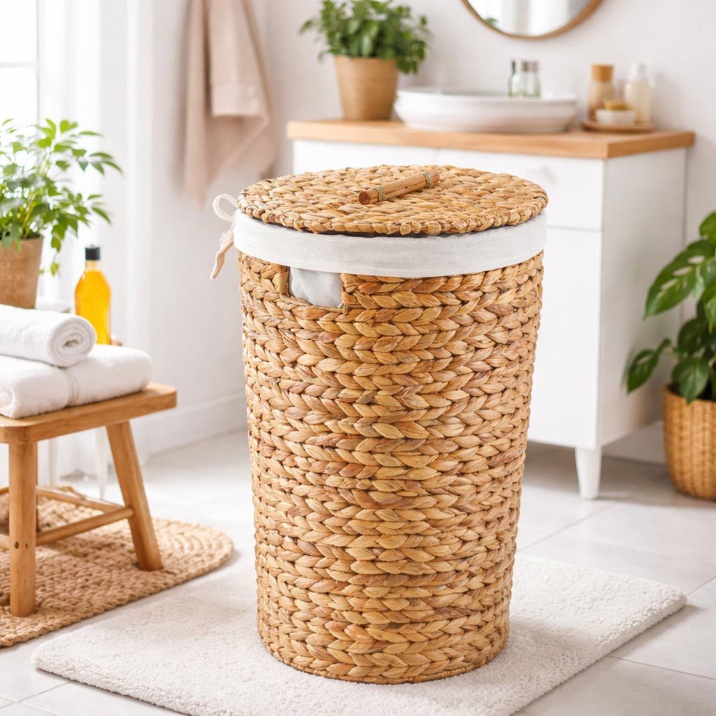 Kobolo Wäschekorb Aufbewahrungskorb MIRA aus Wasserhyazinthe mit Deckel und herausnehmba (Einzelstück, mit Deckel und Stoffeinsatz)