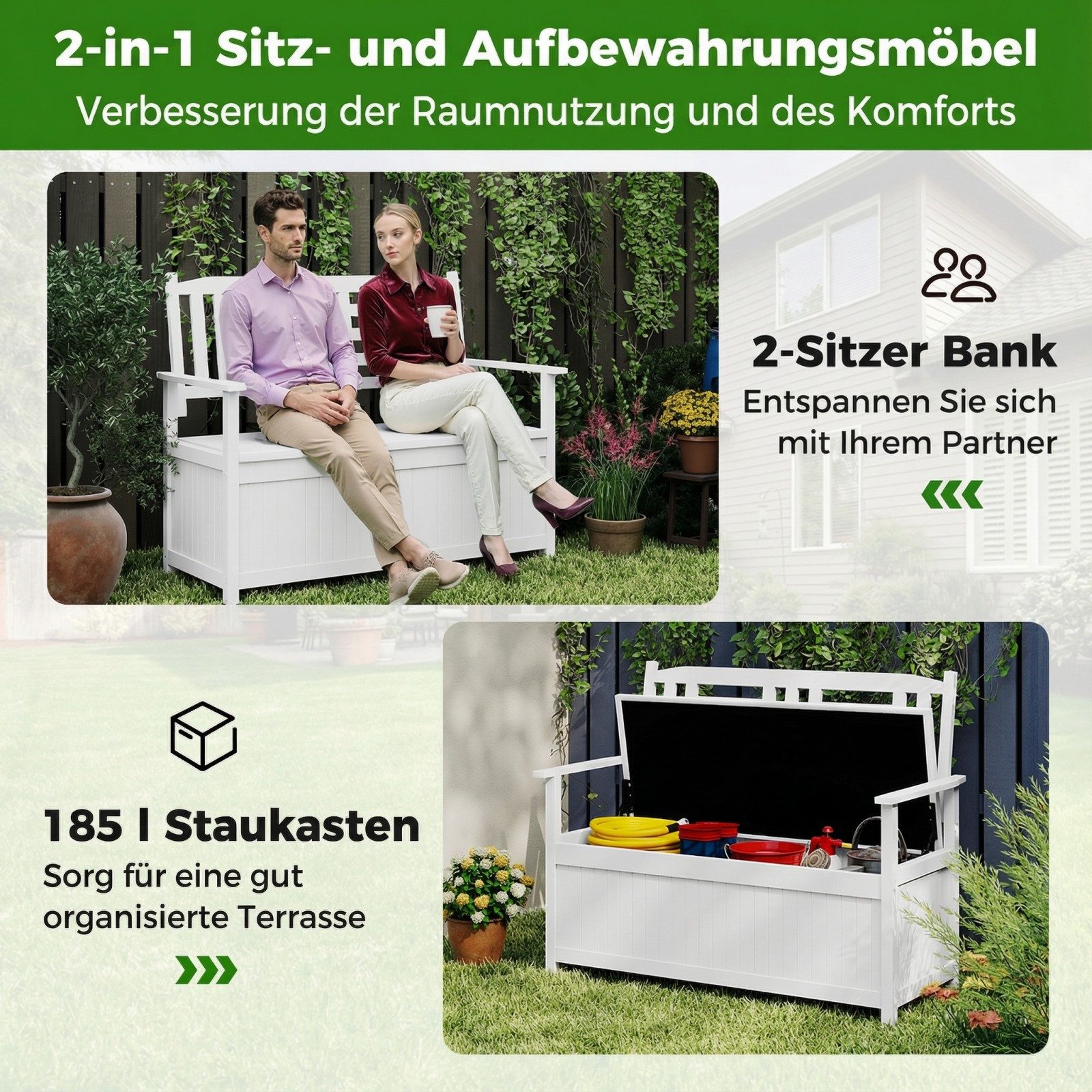 COSTWAY Gartenbank, wetterfest, Holz mit Stauraum 2-Sitzer Truhenbank