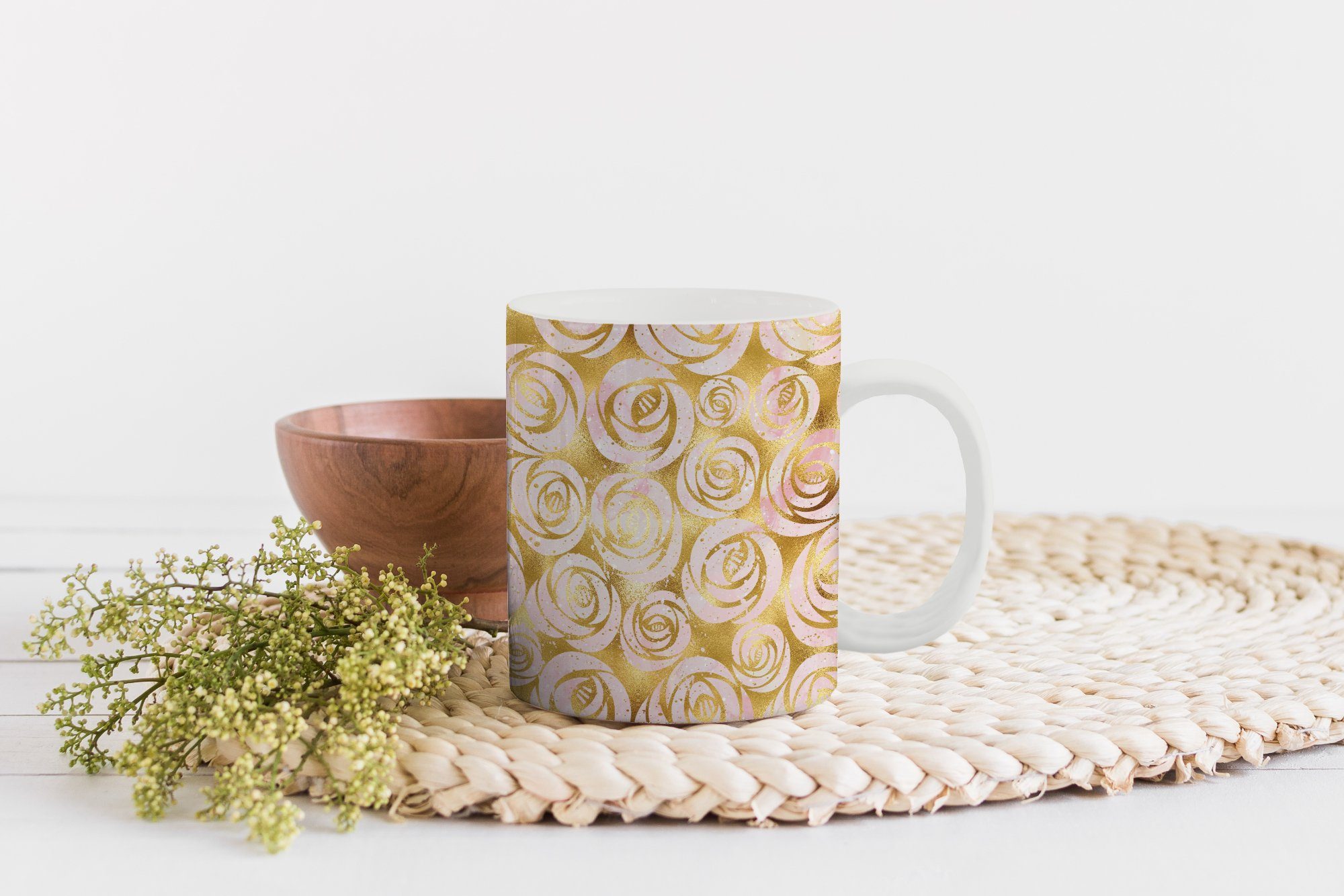 Kaffeetassen, - Becher, Teetasse, - - Muster, Tasse Rosen Keramik, Teetasse, MuchoWow Geschenk Gold Marmor