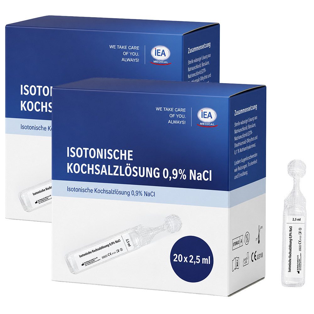 IEA Medical Inhalations-Zusatz IEA Medical - Kochsalzlösung - 0,9% - 2,5ml - 40er (2 x 20er Box) 40 x 2,5 ml, 40-tlg., steril, konservierungsfrei, für Pollenzeit, Allergie, Alltag & Familie
