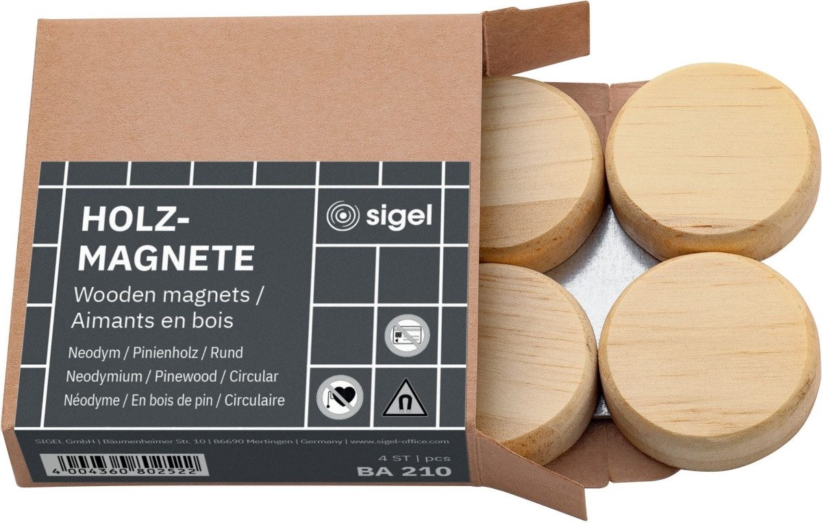 Sigel Magnet Holz-Magnet rund Pinienholz Neodymm 33x9mm VE=4 Stück