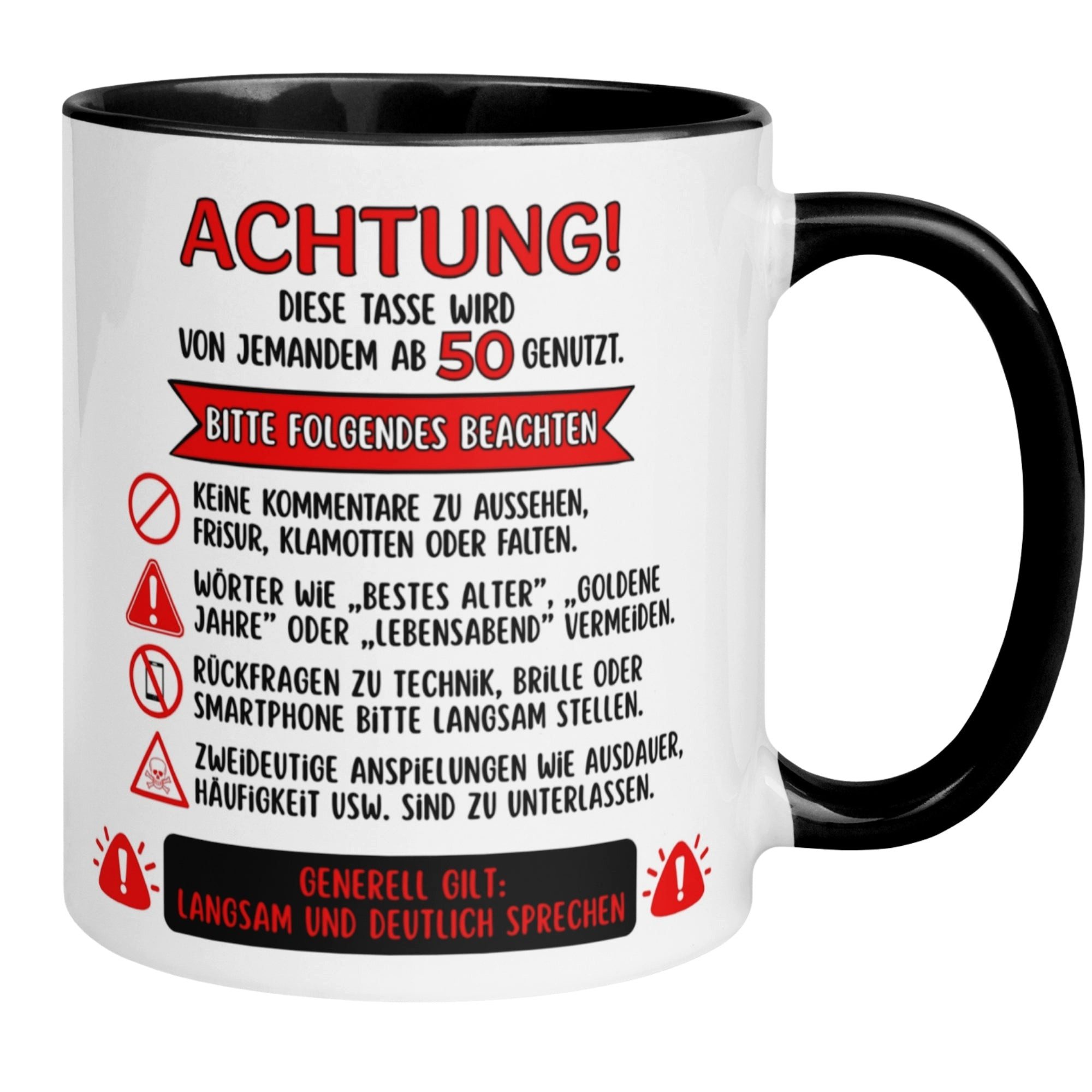 Momentals Tasse 50 Geburtstag Mann Frau – ACHTUNG – Geburtstagsgeschenk Männer Frauen, Beidseitiger Druck · Links- & Rechtshänder · Spülmaschinenfest