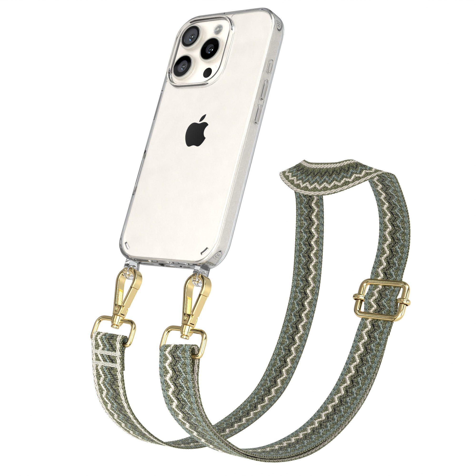 EAZY CASE Handykette Silikonhülle mit Kette für Apple iPhone 16 Pro 6,3 Zoll, Verstellbarer Trageriemen Wave Case transparent DIY Gürteltasche Grün