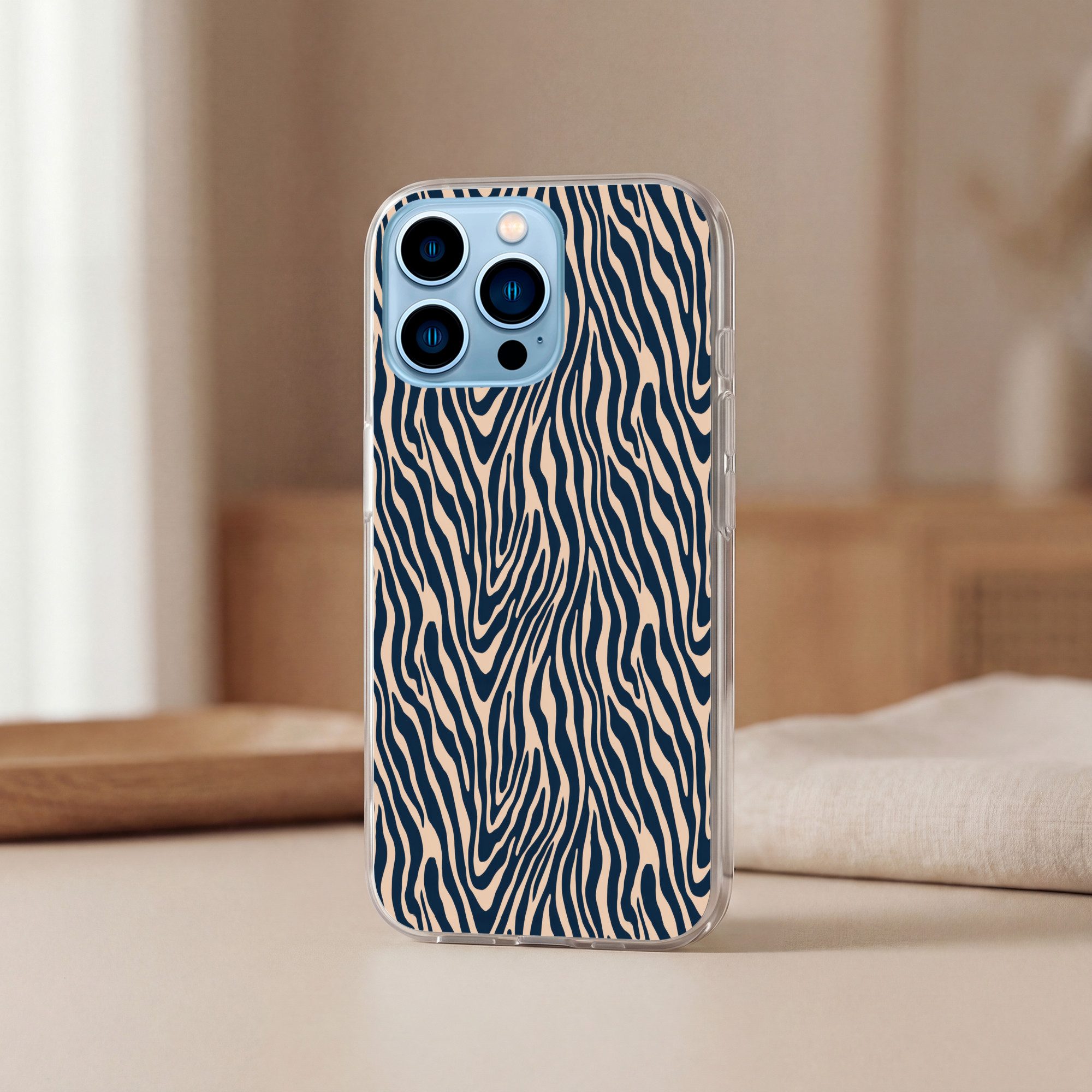 MuchoWow Handyhülle für Apple iPhone 13 Pro Max Zebra - Muster - Blau - Beige, Smartphone-Bumper, Print, Handy Schutzhülle Dünn