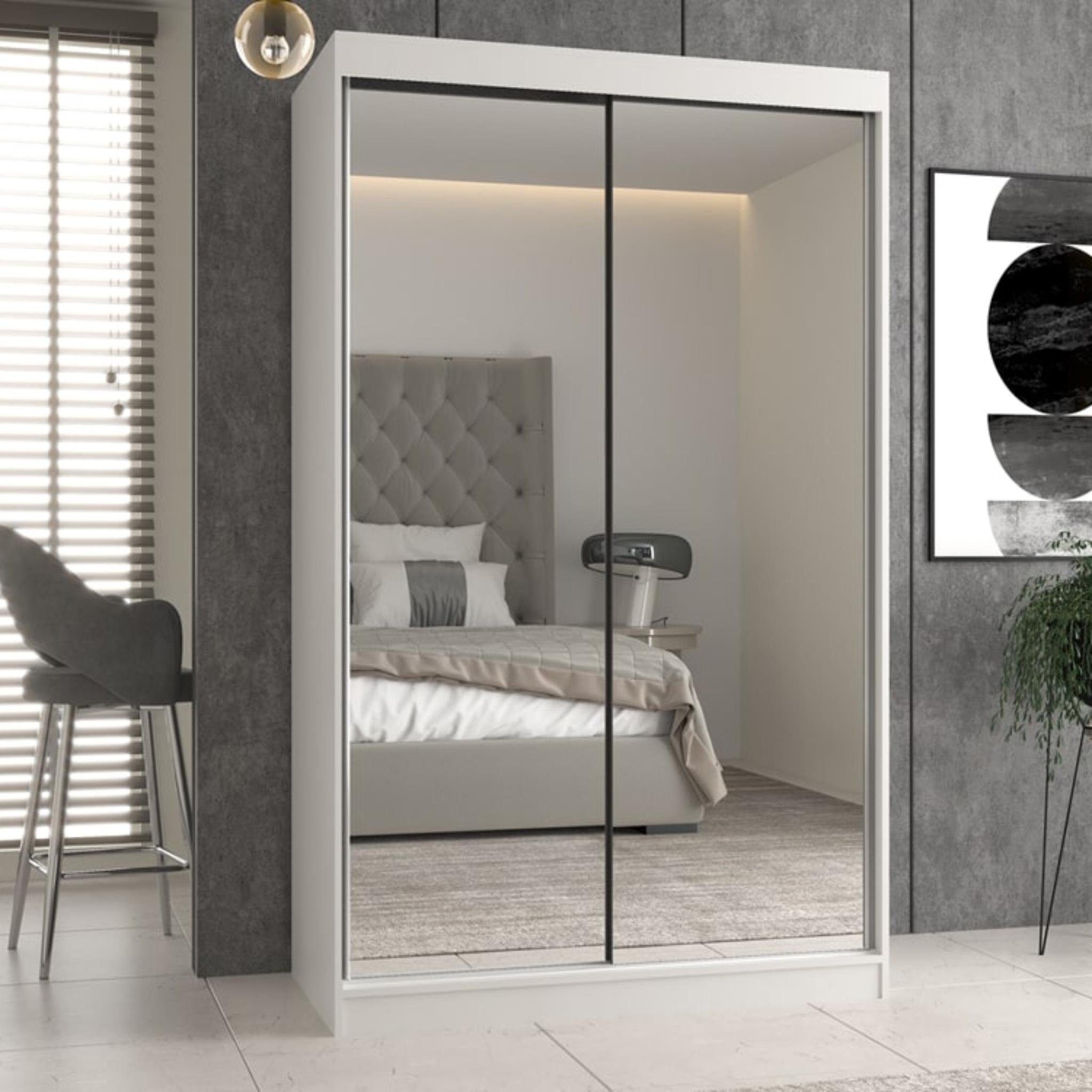 Beautysofa Schiebetürenschrank Luxury (Spiegelschrank mit 2 Türen, Kleiderschrank mit große Spiegel) Breite 120 cm, Kleiderstange, viele Stauraum Weiß