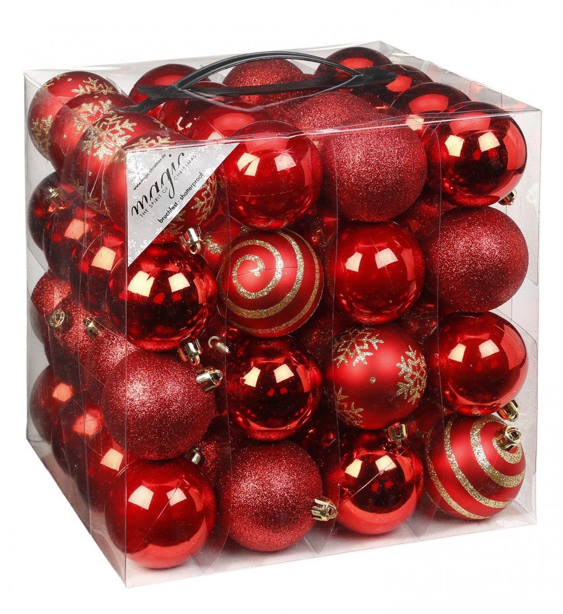 JACK Christbaumschmuck 64x Kunststoff Christbaumkugeln Ø 6cm Baum Kugeln inkl. Aufhänger, Mit praktischer Aufbewahrungsbox, Optik: matt / glänzend / glitzernd