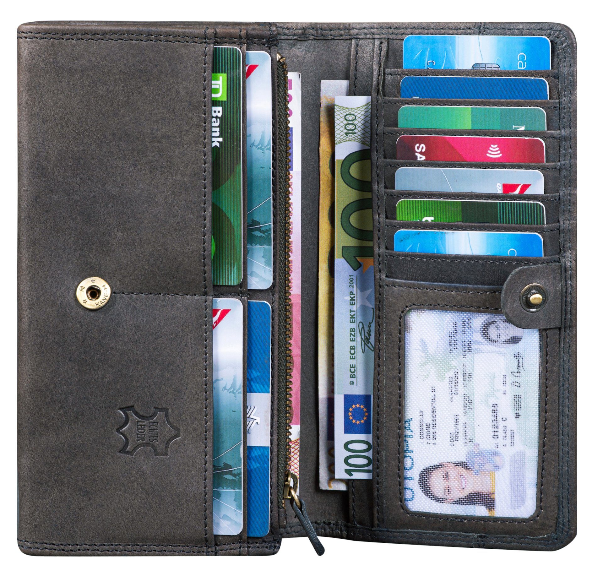 Benthill Geldbörse Damen Echt Leder RFID Portemonnaie mit vielen Kartenfächer Vintage, RFID-Schutz Kartenfächer Münzfach Reißverschlussfach – Bild 4 von 5