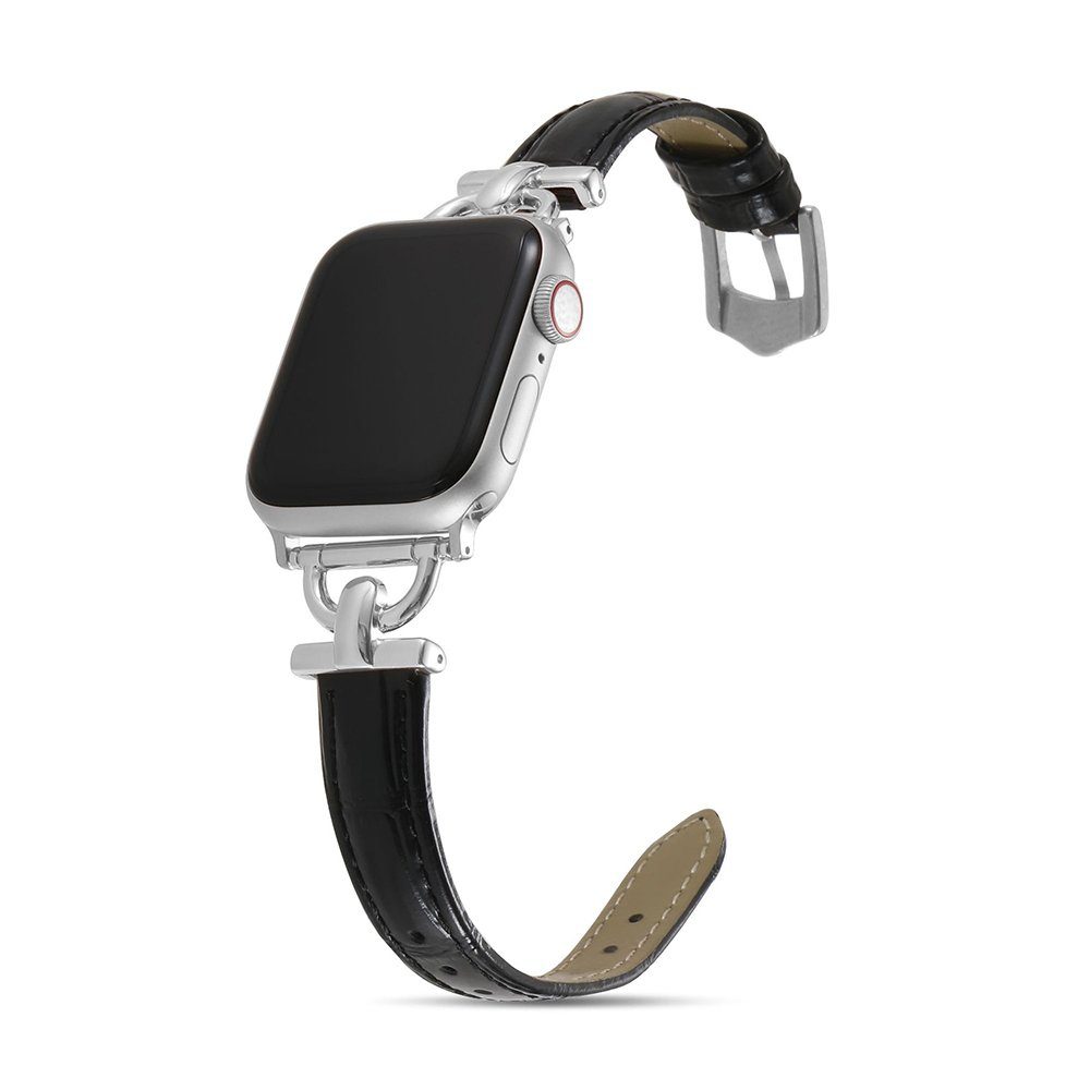 GelldG Uhrenarmband Leder Armband Kompatibel mit Apple Watch Armband, Schlank Armband schwarz/silber