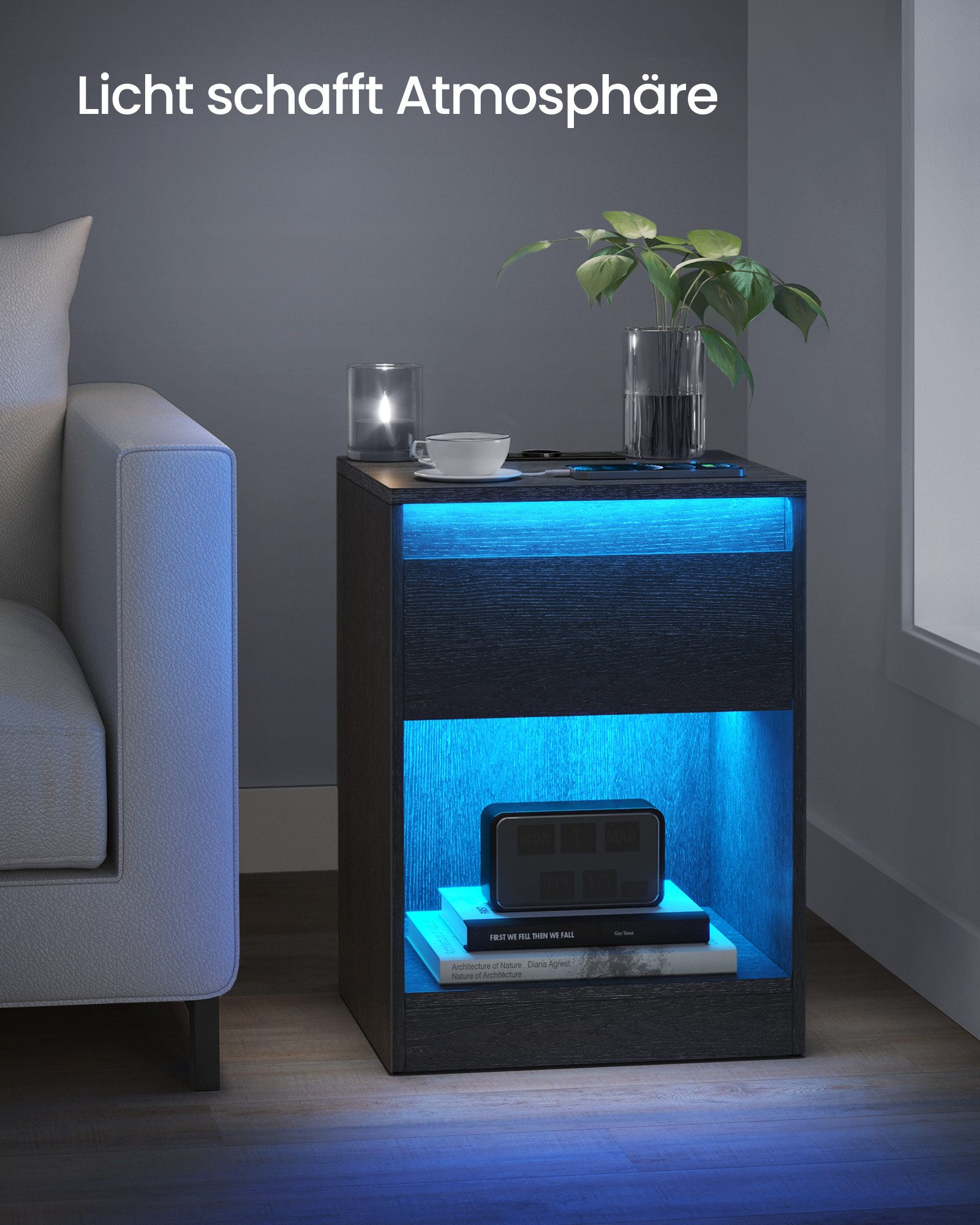 VASAGLE Nachttisch (1-St), mit einstellbarer LED-Beleuchtung, Beistelltisch mit Steckdosen