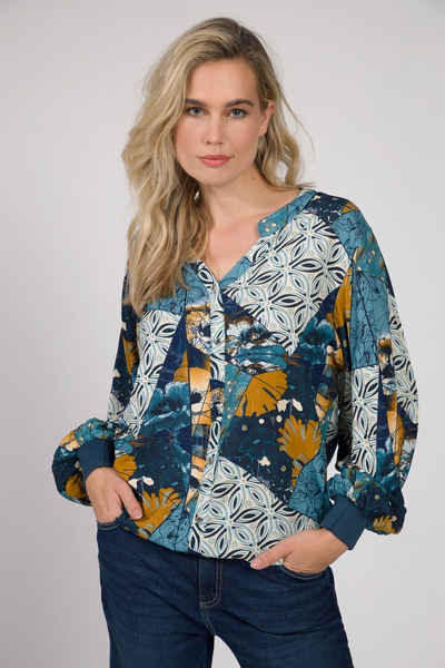 Gina Laura Satinbluse Bluse Patch Print Stehkragen Langarm