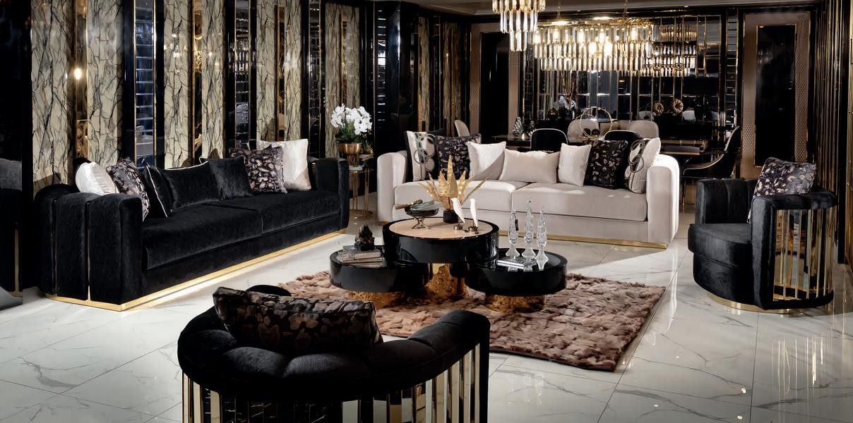 JVmoebel Polstergarnitur Schwarzes Sofa Set von JVMoebel mit goldfarbenem Rahmen und Kissen, (Set, 5-tlg), Made in Europa