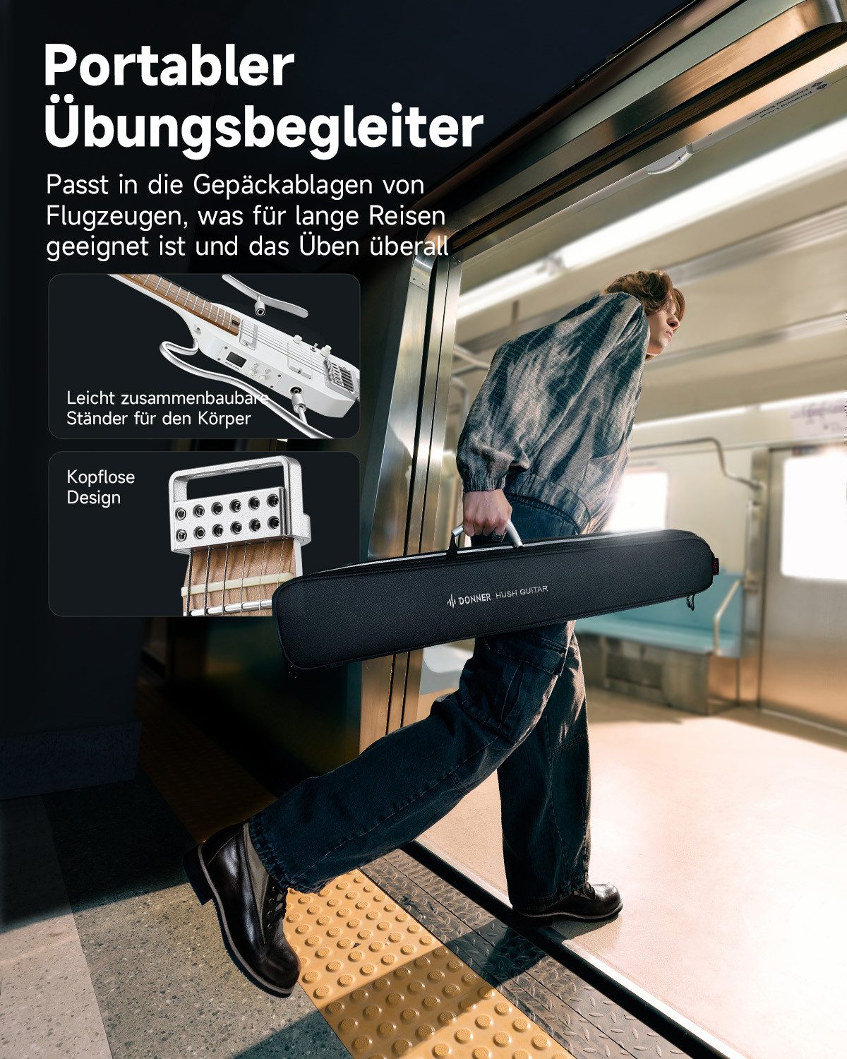 Donner E-Gitarre HUSH-X PRO Silent Guitar mit Effekten & Tone Sim H-S Pickups Bluetooth, Kopflose Reisegitarre, Kabel, Gigbag, Gurt, Stimmgerät, kabelgebundene Kopfhörer, DXP Effekte & Tone Sim, Bluetooth