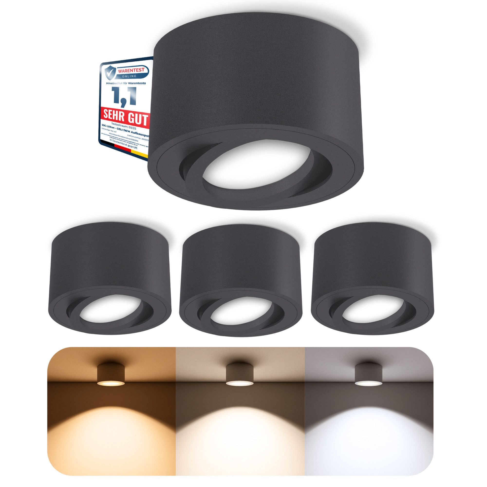 SSC-LUXon LED Aufbaustrahler CELI-1N LED Aufbauspot anthrazit 6W dimmbar 3CCT flach schwenkbar, Tageslichtweiß, Warmweiß, Neutralweiß
