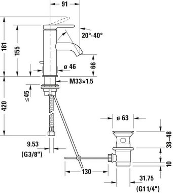Duravit Waschtischarmatur C.1 Waschtischmischer, Größe S, mit Zugstangen-Ablaufgarnitur mit AquaControl und AirPlus, Ausladung 9,1 cm, Chrom