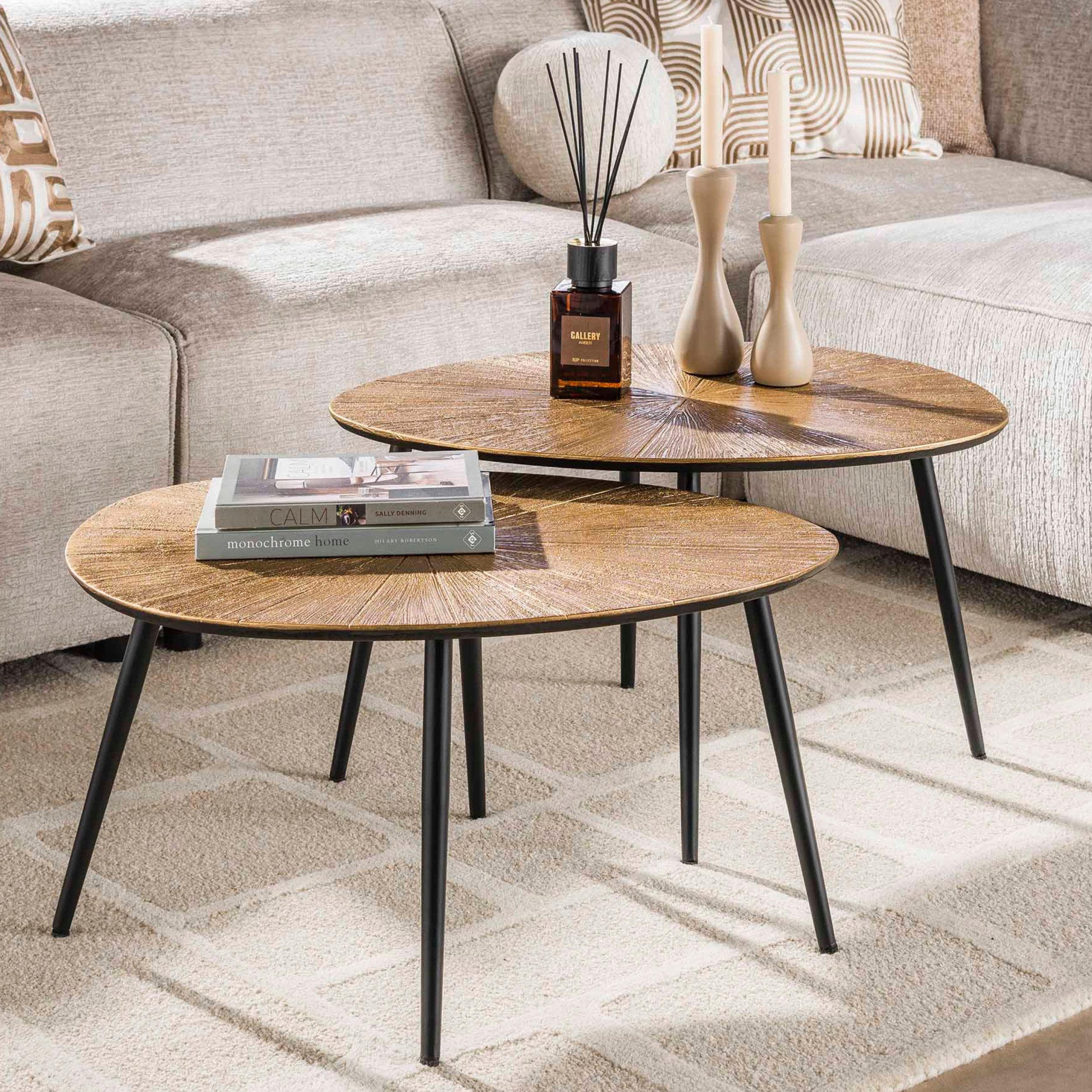 alesvelt Couchtisch SILVIO RAGGIO Organische Satztische mit Strahlenmuster in Antikgold (Set, 2-er Set), 77x60x43h cm, 77x60x39h cm