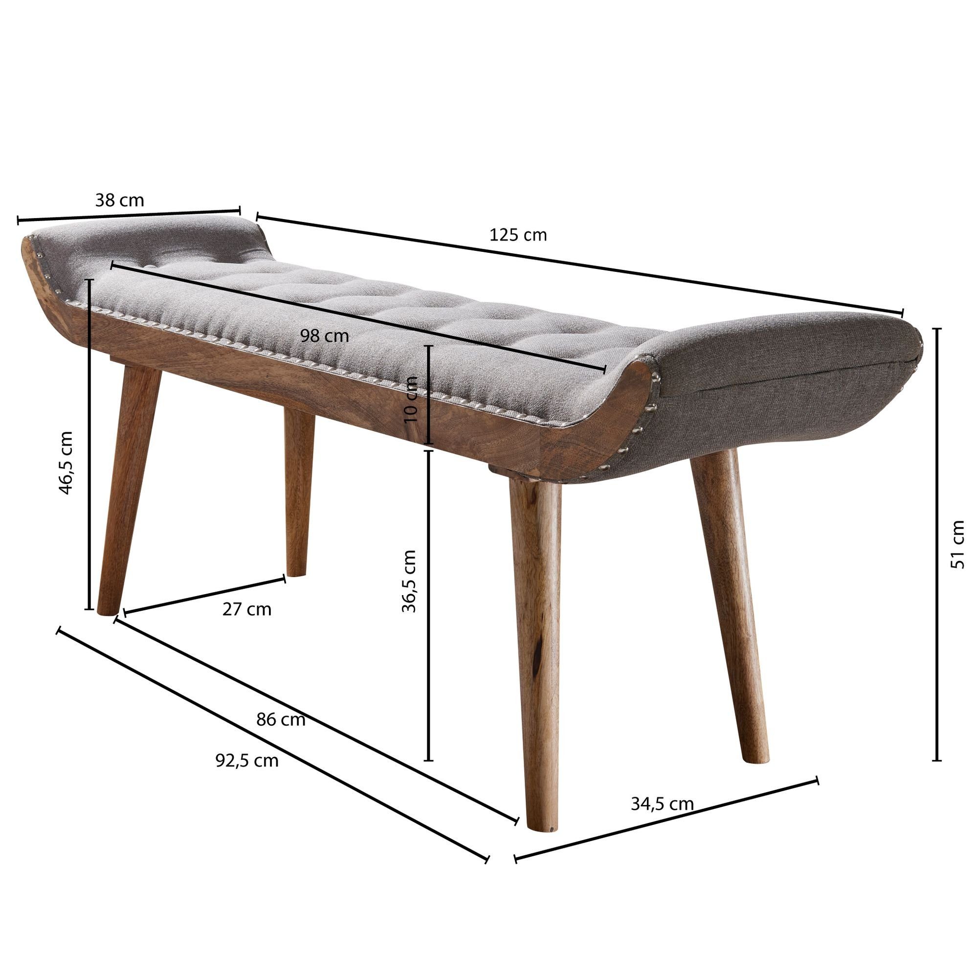 Modern FB53693 Chesterfield Flur, cm), Stoffbank Design Stoff (Sitzbank 125x51x38 Bank FINEBUY Polsterbank Grau Bettbank