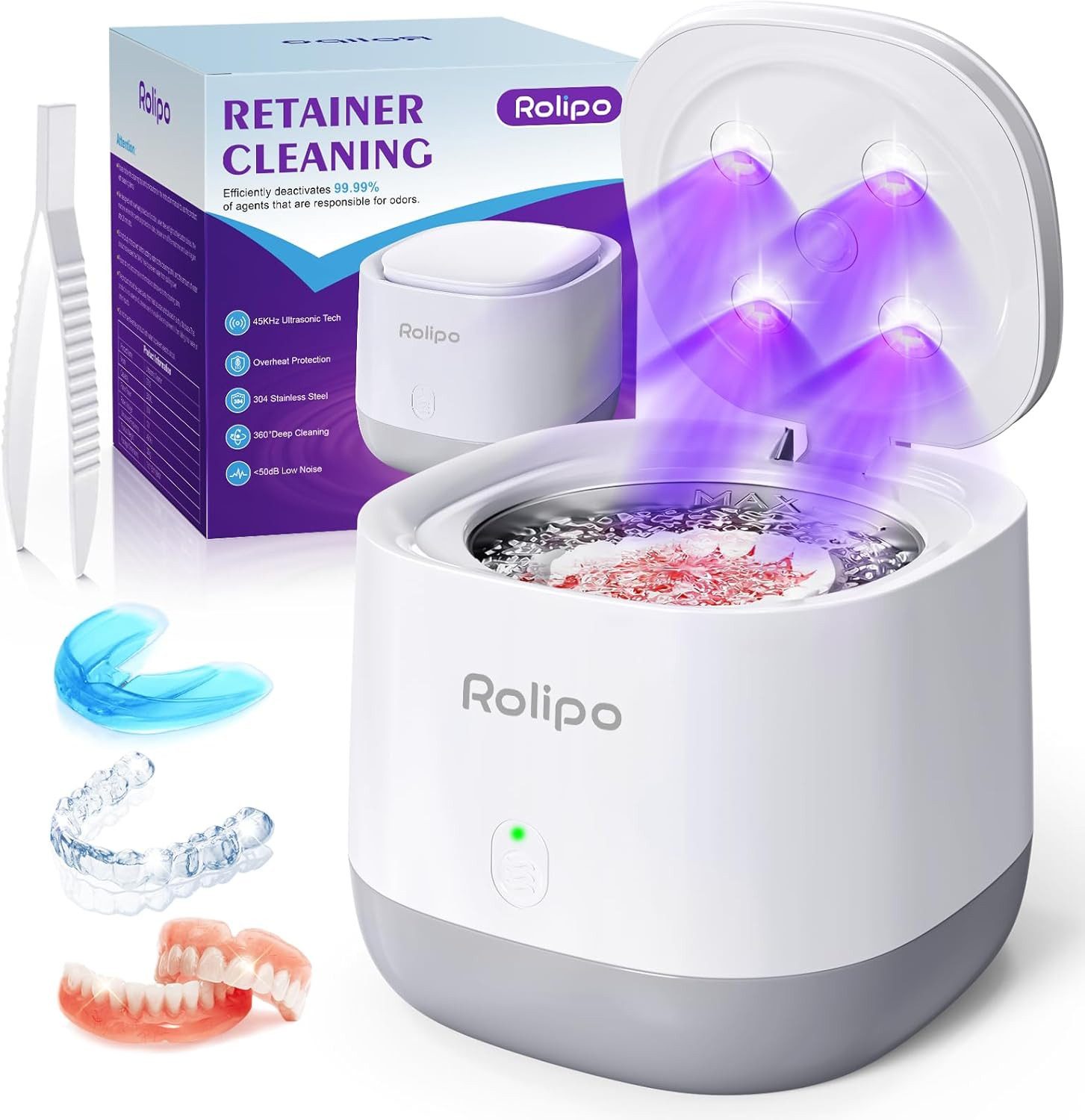 Rolipo Ultraschallreiniger Ultraschallreinigungsgerät Zahnschiene 320ML,45000Hz, Retainer Cleaner mit 4U-V Lampe,Ultrasonic Cleaner