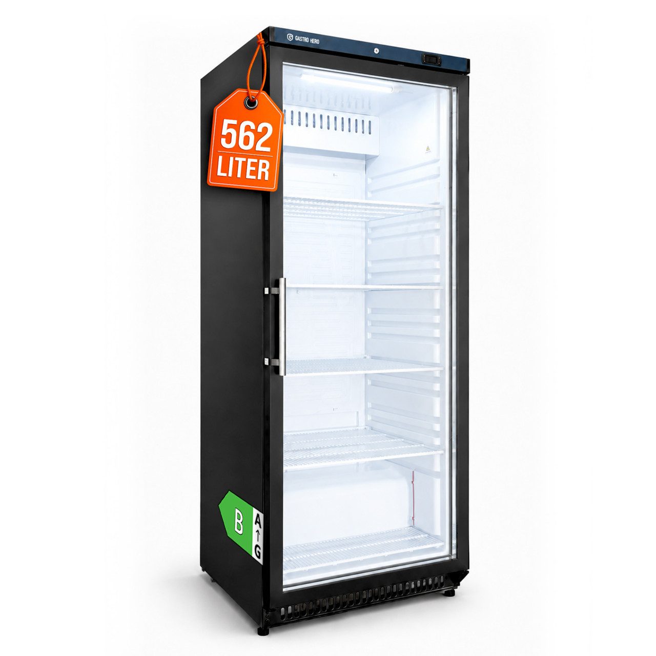 GastroHero Vollraumkühlschrank Lagerkühlschrank ECO 600 Glastür Schwarz 562 Liter LED LKSE600BG, 190 cm hoch, 77.5 cm breit, ideal zur Präsentation von Getränken und gekühlten Waren