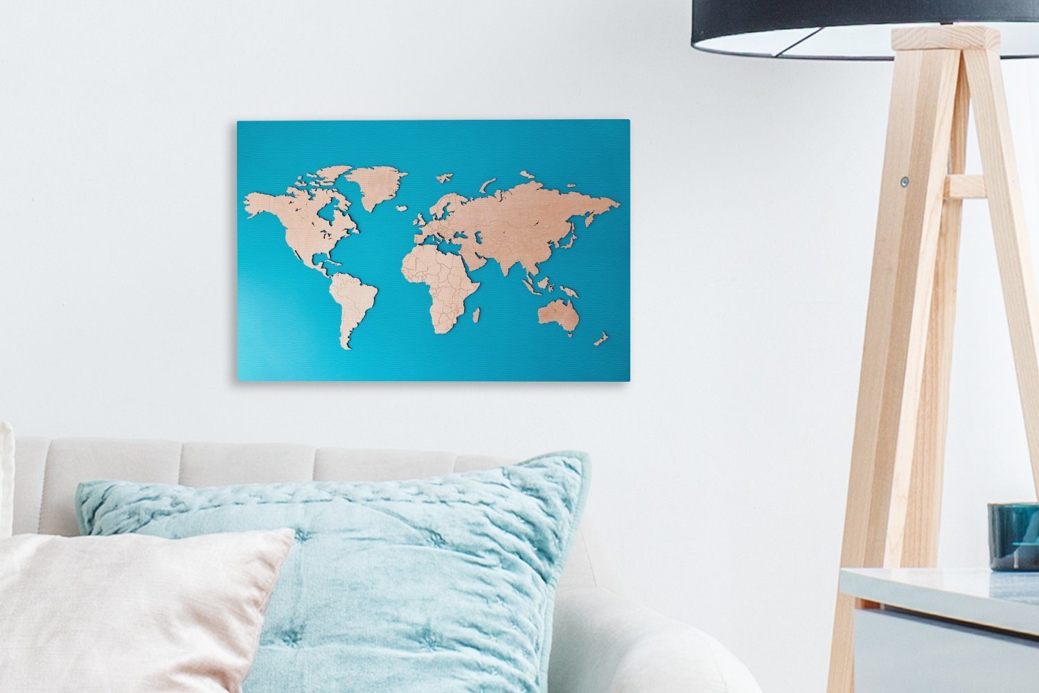 Weltkarte Holzfarbe Aufhängefertig, Wandbild 30x20 cm St), Leinwandbilder, Blau, (1 - OneMillionCanvasses® Leinwandbild - Wanddeko,