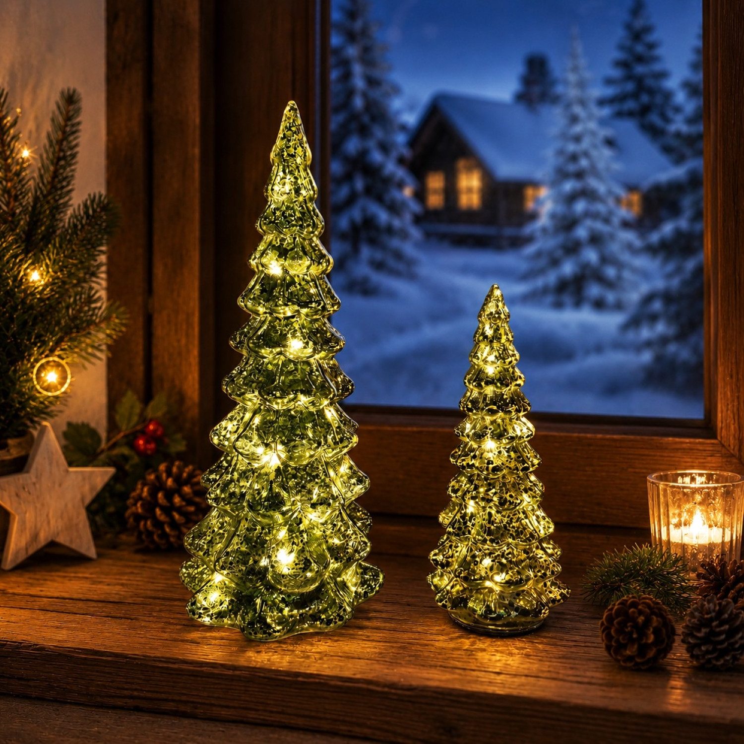 Online-Fuchs LED-Dekofigur Tannenbaum Set aus Glas mit LED-Lichterkette & Timer - Weihnachtsdeko (warmweiße Beleuchtung, in 4 Farben erhältlich), inklusive praktischer 6-Stunden Timerfunktion