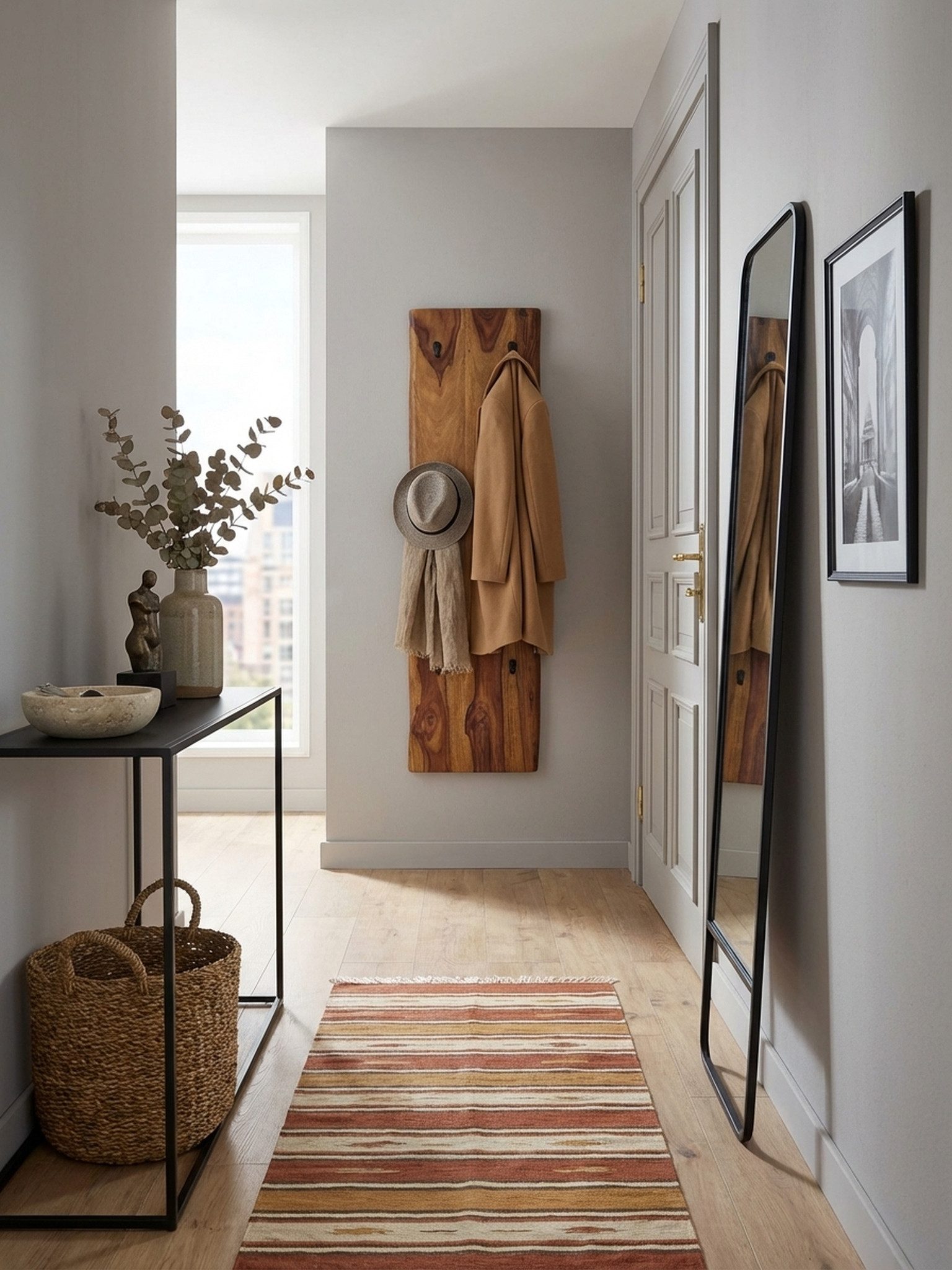 KADIMA DESIGN Wandgarderobe Wandgarderobe Massivholz Metall 40x140x7 cm mit Baumkante Garderobe (Garderobe Holz), Design Hakenleiste 2-Reihig Flurgarderobe Wand