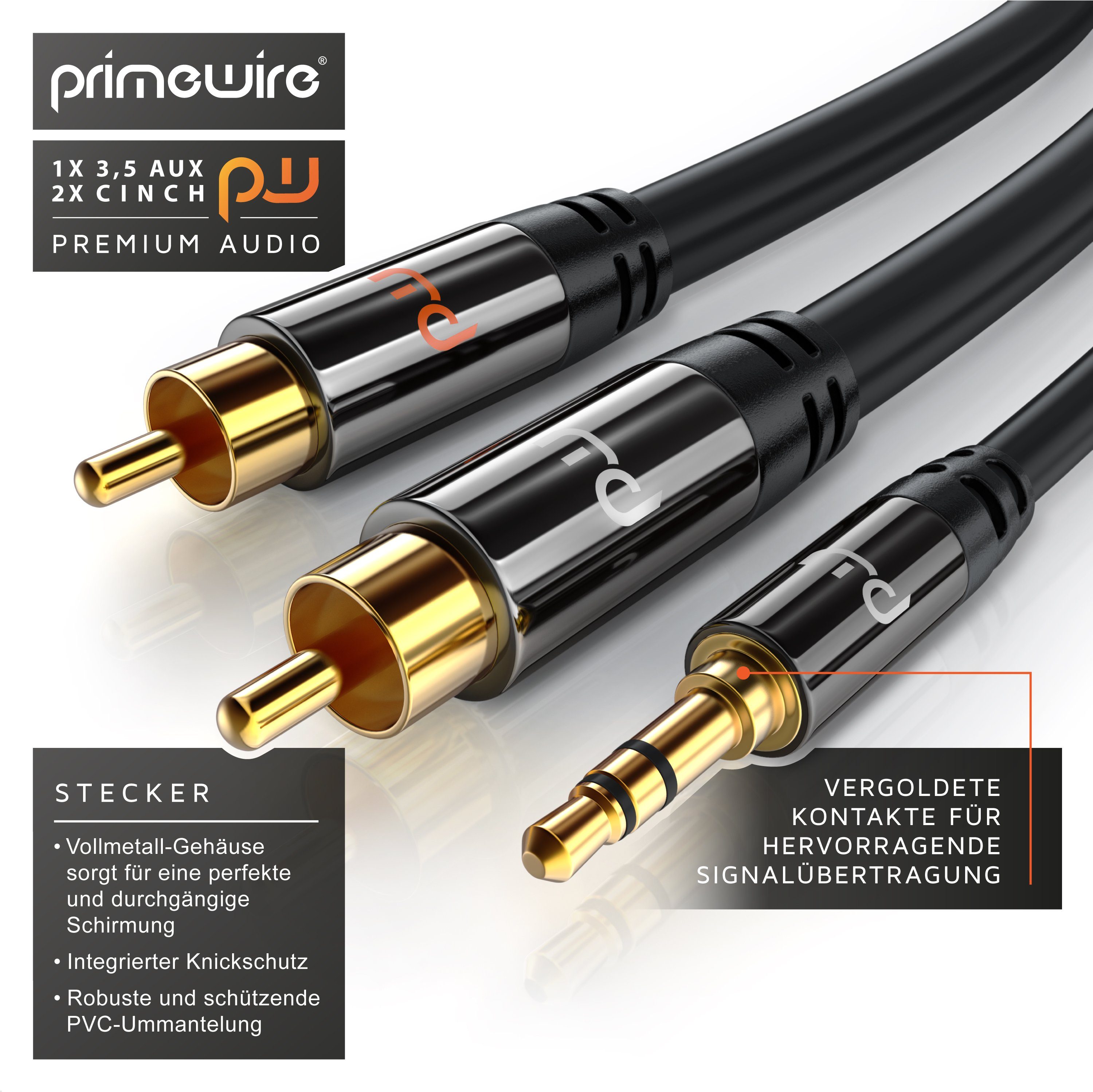 Primewire Audio-Kabel, Cinch, 3,5-mm-Klinke, RCA, AUX (150 cm), Stereo HiFi Audio-Adapter mehrfach geschirmt - 1,5m