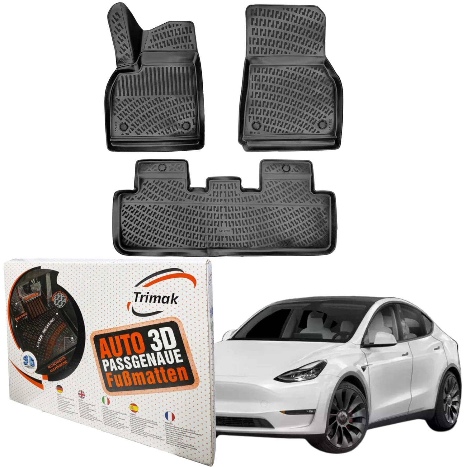 Trimak Passform-Fußmatten Oder Kofferraumwanne Oder Set kompatibel mit Tesla Model Y, TESLA Model Y 1. Gen. 2020-2025 Gummimatten Auto Fussmaten TPE