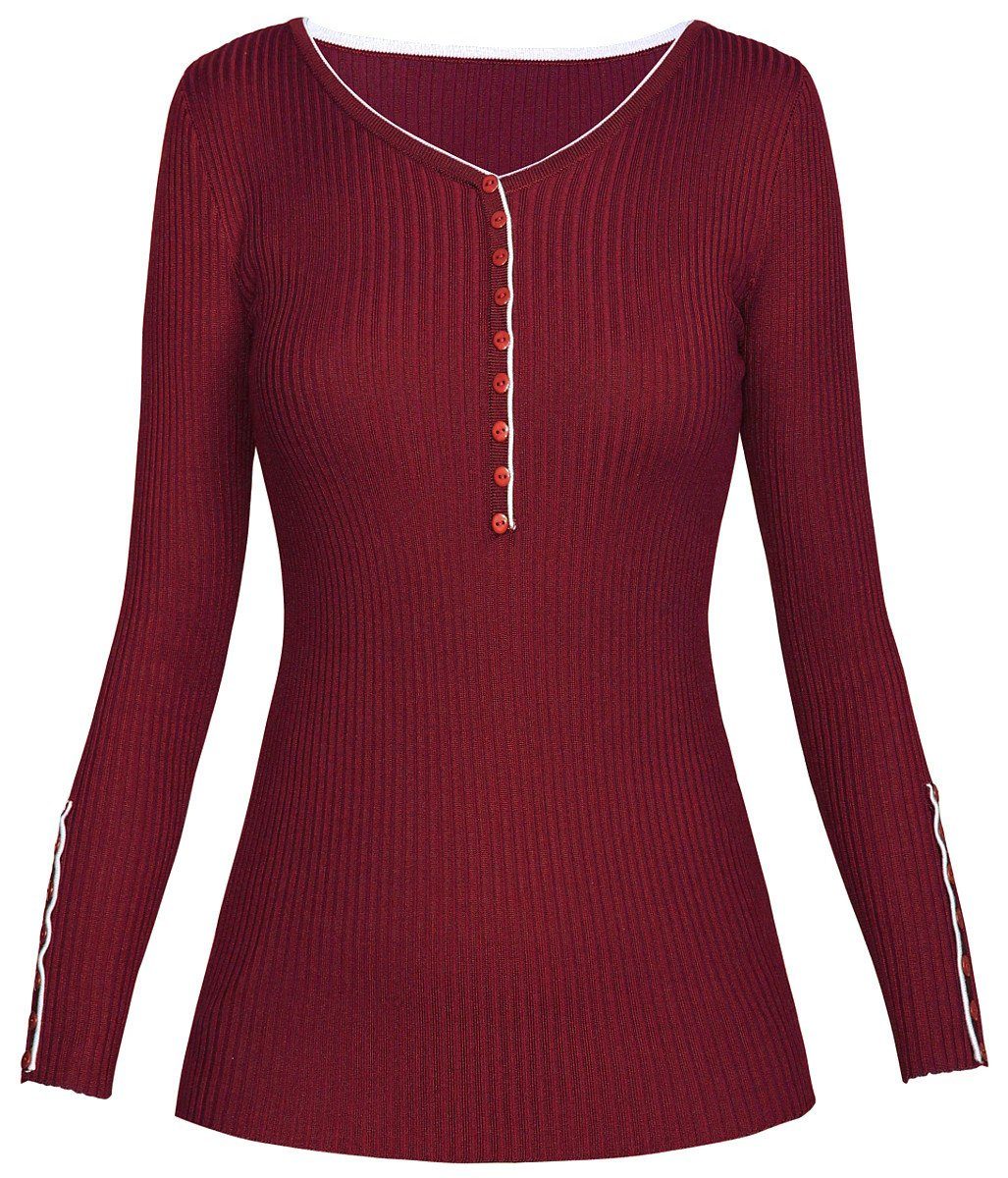 Unifarbe dy_mode Pullover mit V-Ausschnitt-Pullover Rippenstrick Enganliegend in Damen PUL001-Weinrot V-Ausschnitt Pulli
