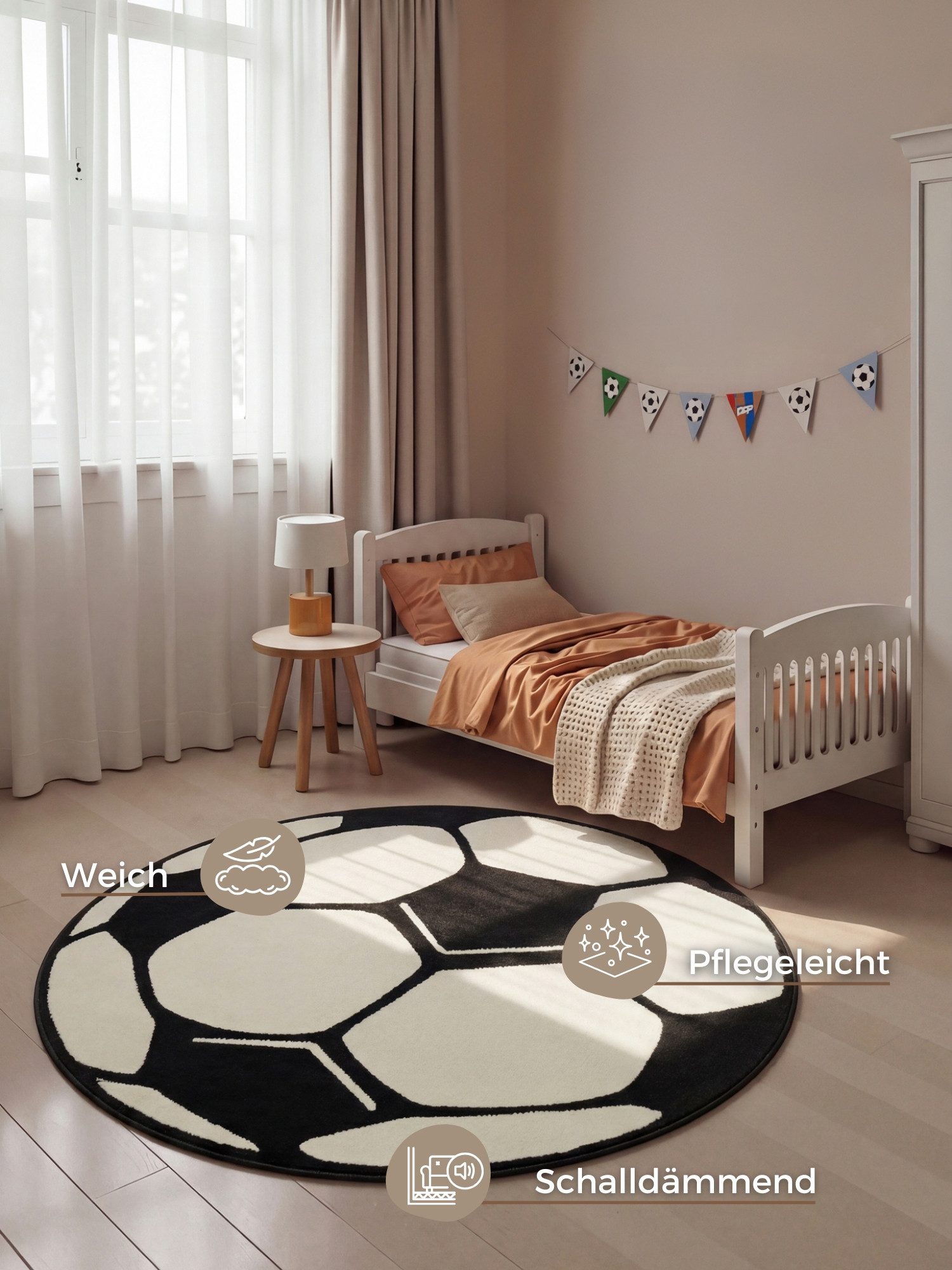 HANSE Home Kinderteppich Fußball, rund, Höhe: 10 mm, Kinder-Teppich, Rutschfest, Kurzflor, Fussball, Kinderzimmer, Spiel