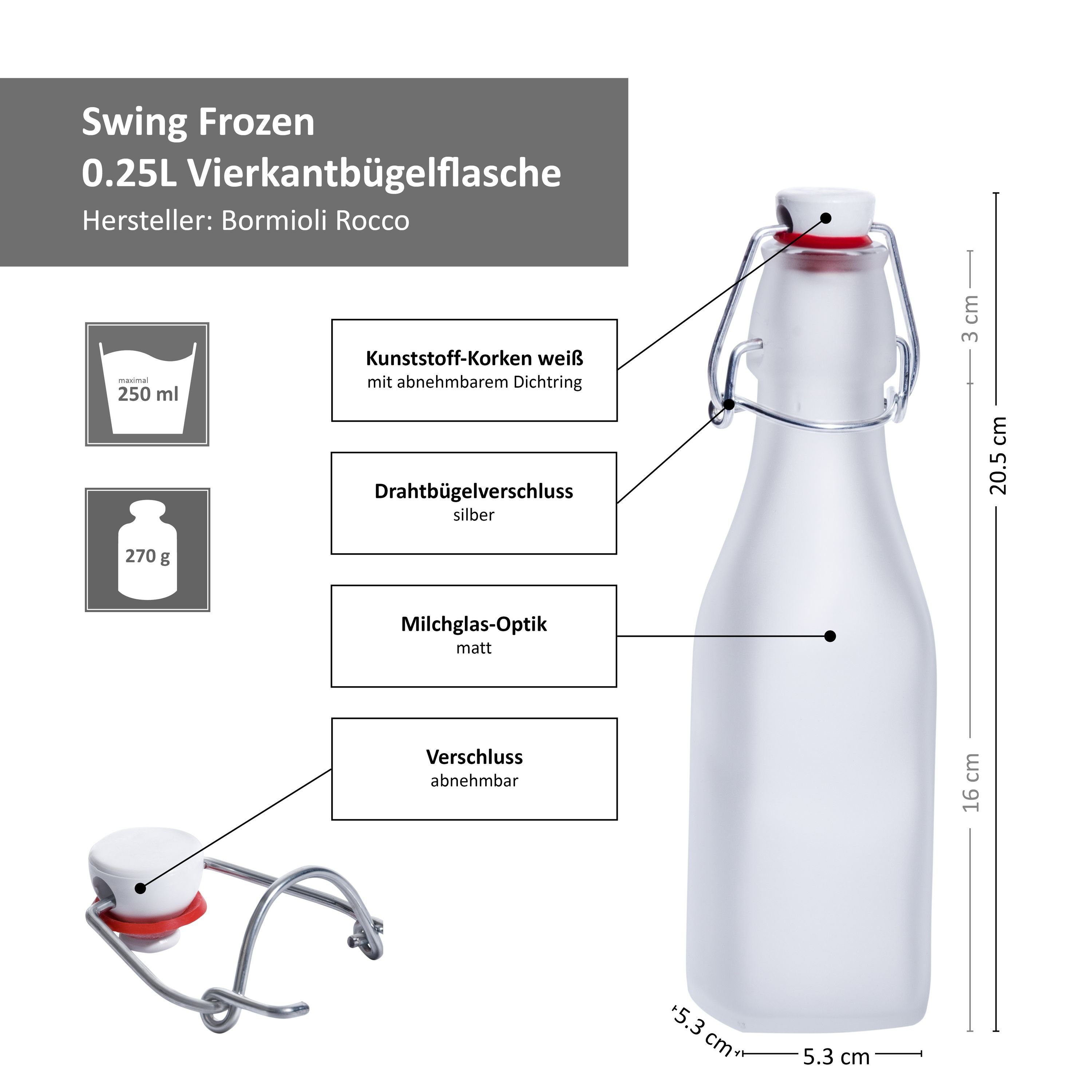 Bormioli Rocco Vorratsglas 6er-Set Vierkant-Bügelflaschen Swing 250ml Frozen-Glas Verpackung, Glas