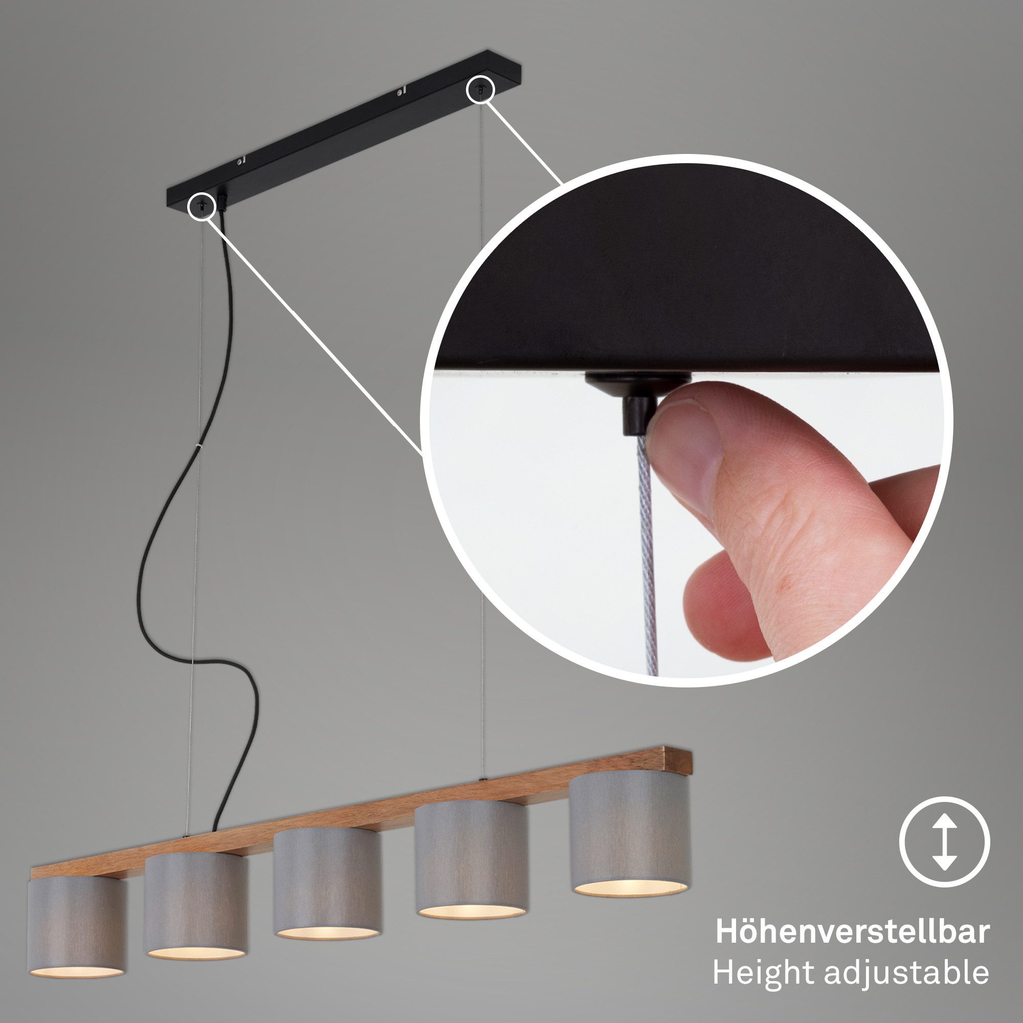 B.K.Licht LED Pendelleuchte dimmbar Hängeleuchte 85cm höhenverstellbar 95-175cm silber - BKL1001, E14, ohne Leuchtmittel, Warmweiß, Pendellampe, Stoffschirm, höhenverstellbar, grau, aus Metall und Holz