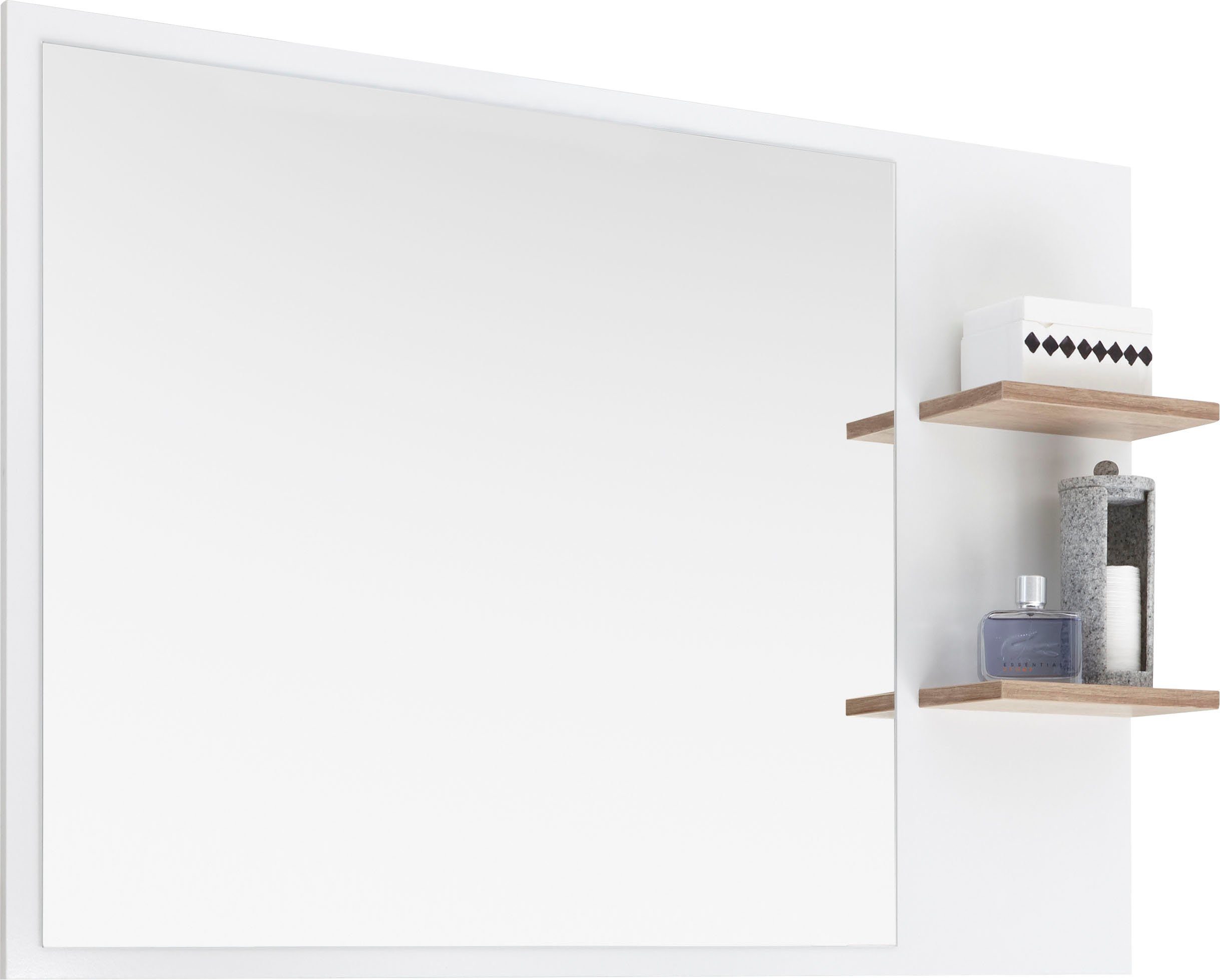 Saphir Badspiegel Quickset 923 Spiegel 100 cm breit mit seitlicher Ablage, Flächenspiegel Weiß Glanz, Riviera Eiche quer Nachbildung