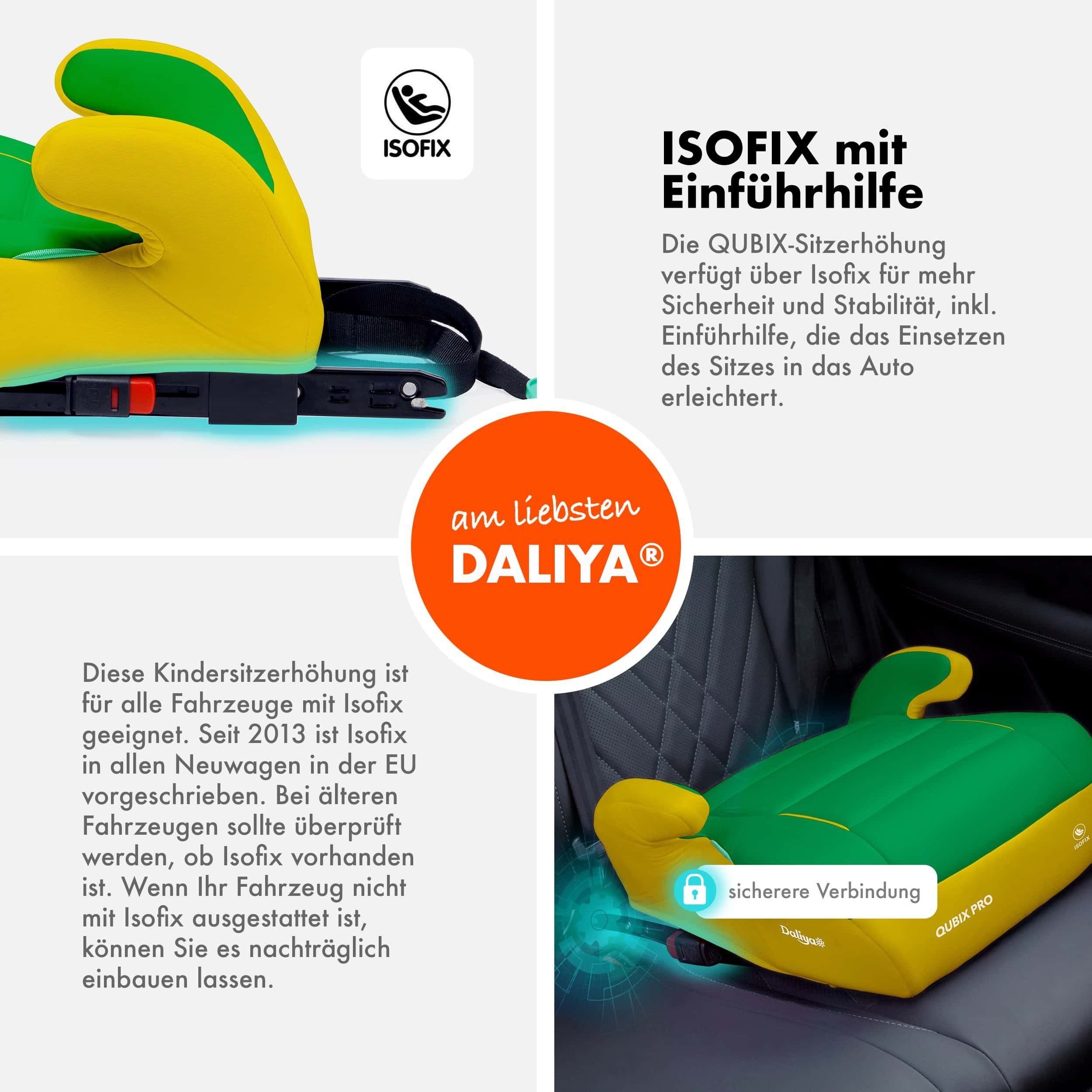 Daliya® Kindersitzerhöhung QUBIX PRO ISOFIX Kindersitz, ab: ab 6 Jahre oder 125cm Körpergröße, bis: bis 12 Jahre oder 150cm Körpergröße, ab: 125 cm, bis: 150 cm, (Packung, 1-tlg), ISOFIX, I-Size, Gurtfix, ergonomisch, weich, waschbarer Bezug